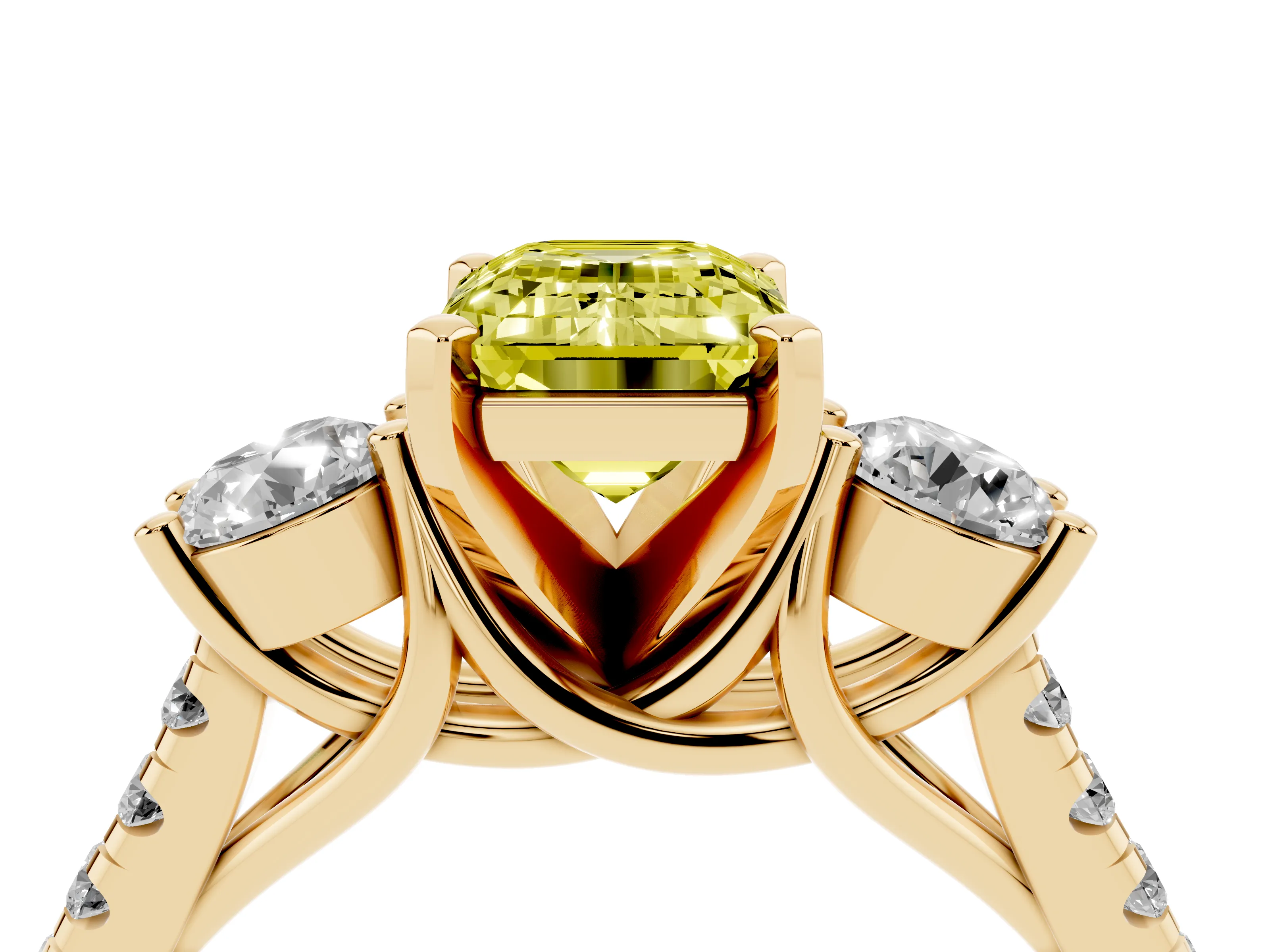 Fancy Yellow Three-Stone Emerald Cut Diamond Pavé Band Ring Set in Yellow gold with Prong-Set Trio