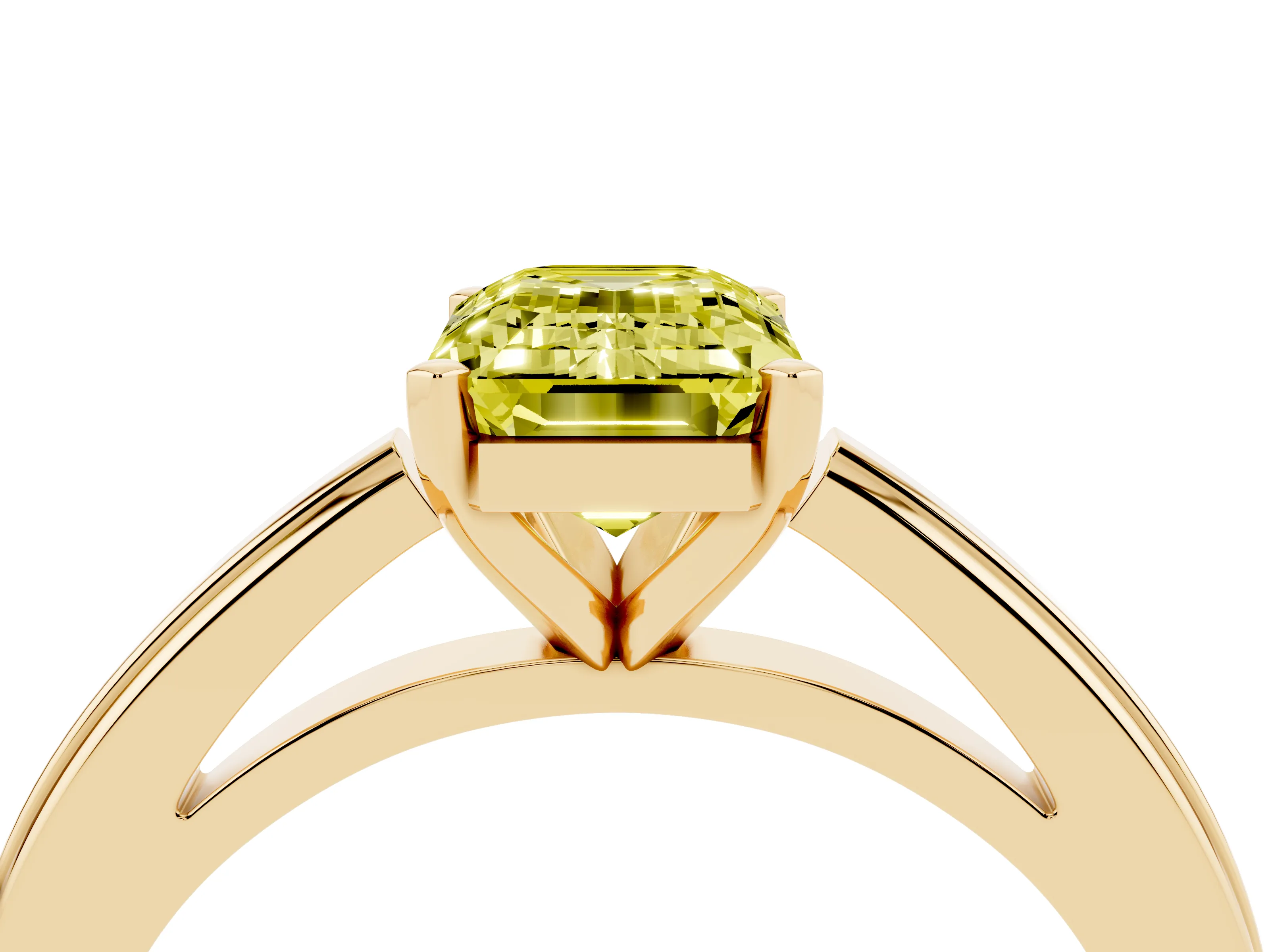Fancy Yellow Emerald Cut Diamond Solitaire Ring Set in Yellow gold with Prong Setting and Classic Band