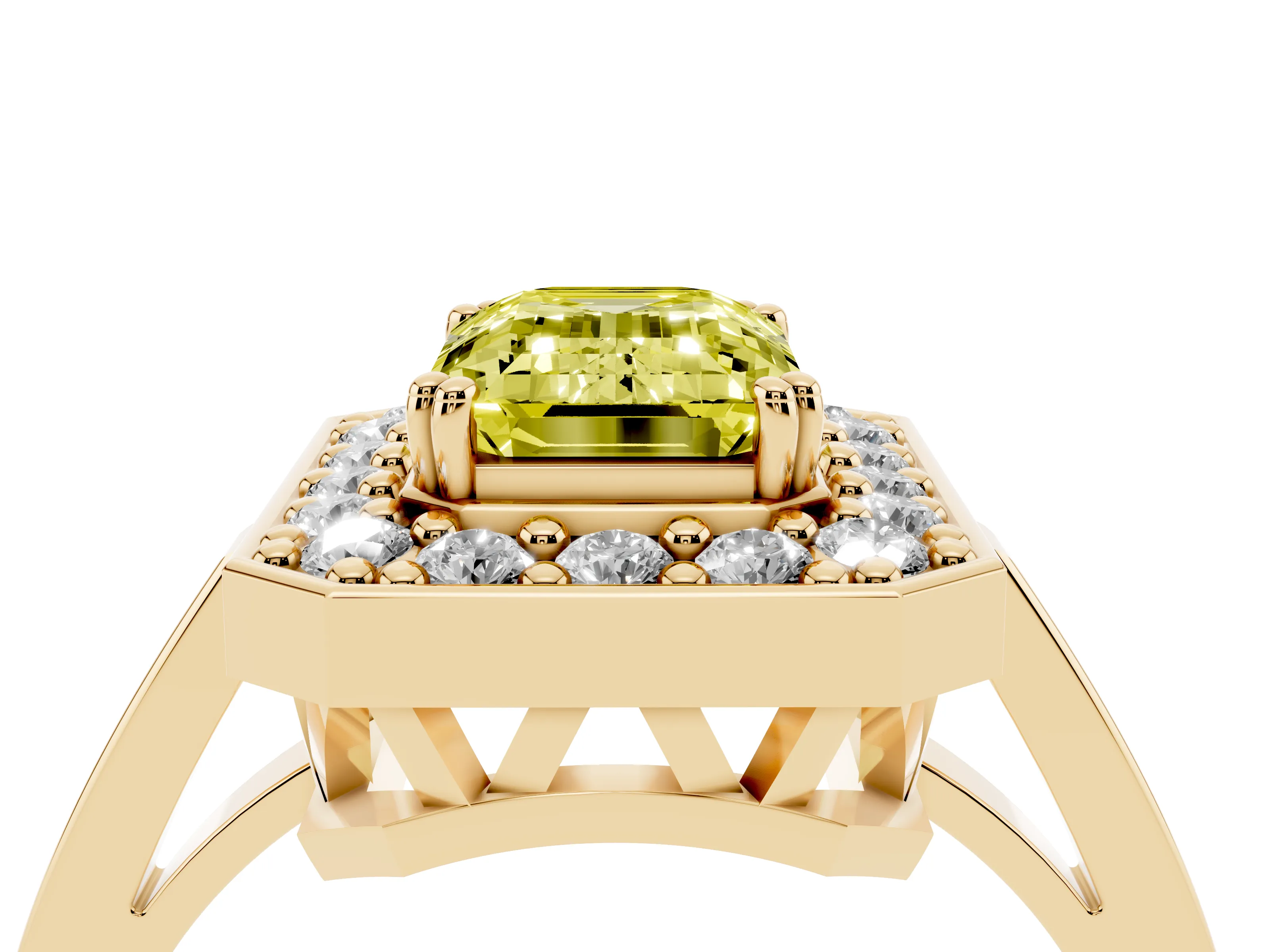Fancy Yellow Emerald Cut Diamond Halo Ring Set in Yellow gold with Accent-Lined Split Shank and Prong Setting
