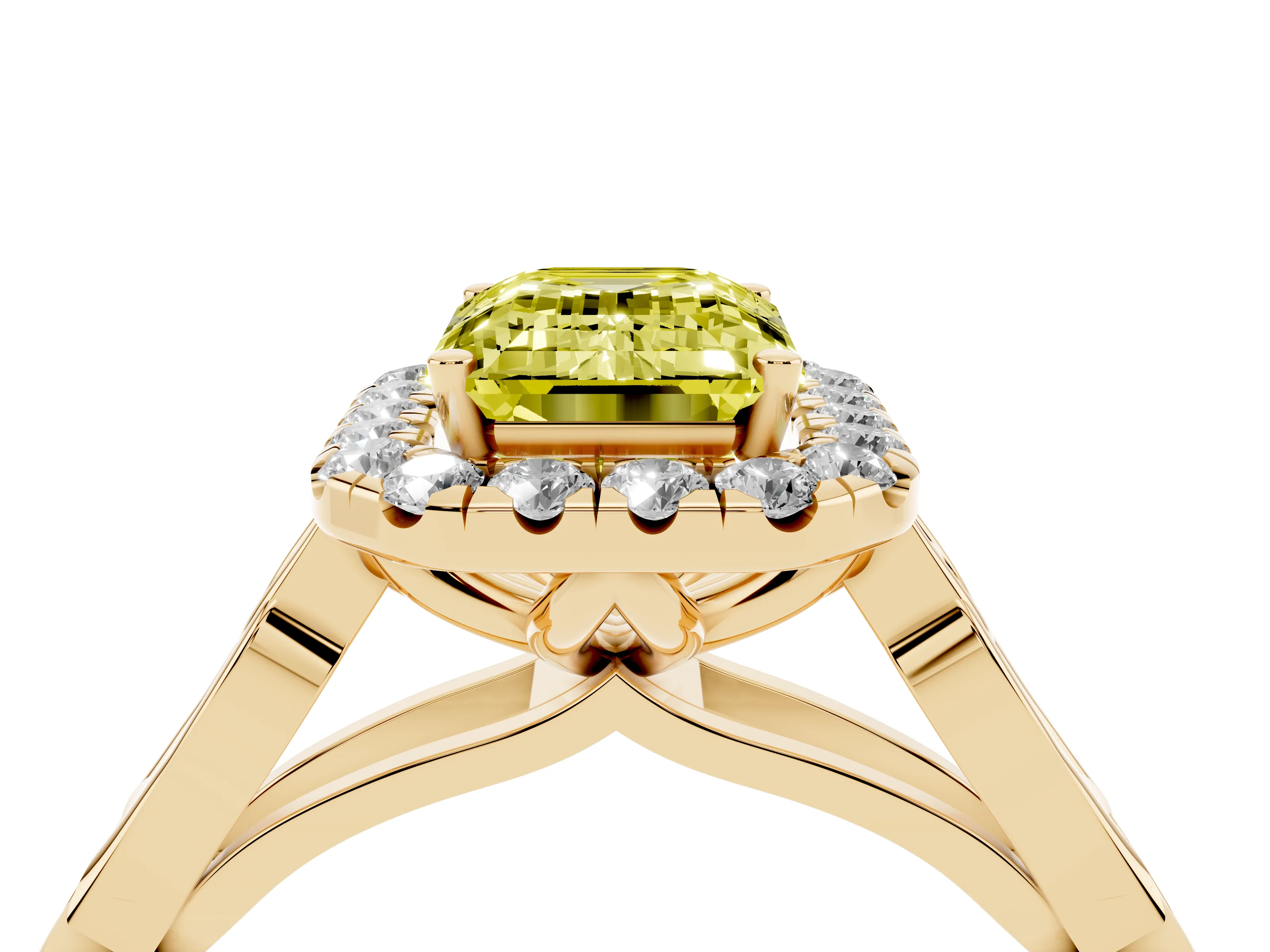 Fancy Yellow Emerald Cut Diamond Halo Engagement Ring Set in Yellow gold with Filigree Band and Prong-Set Center