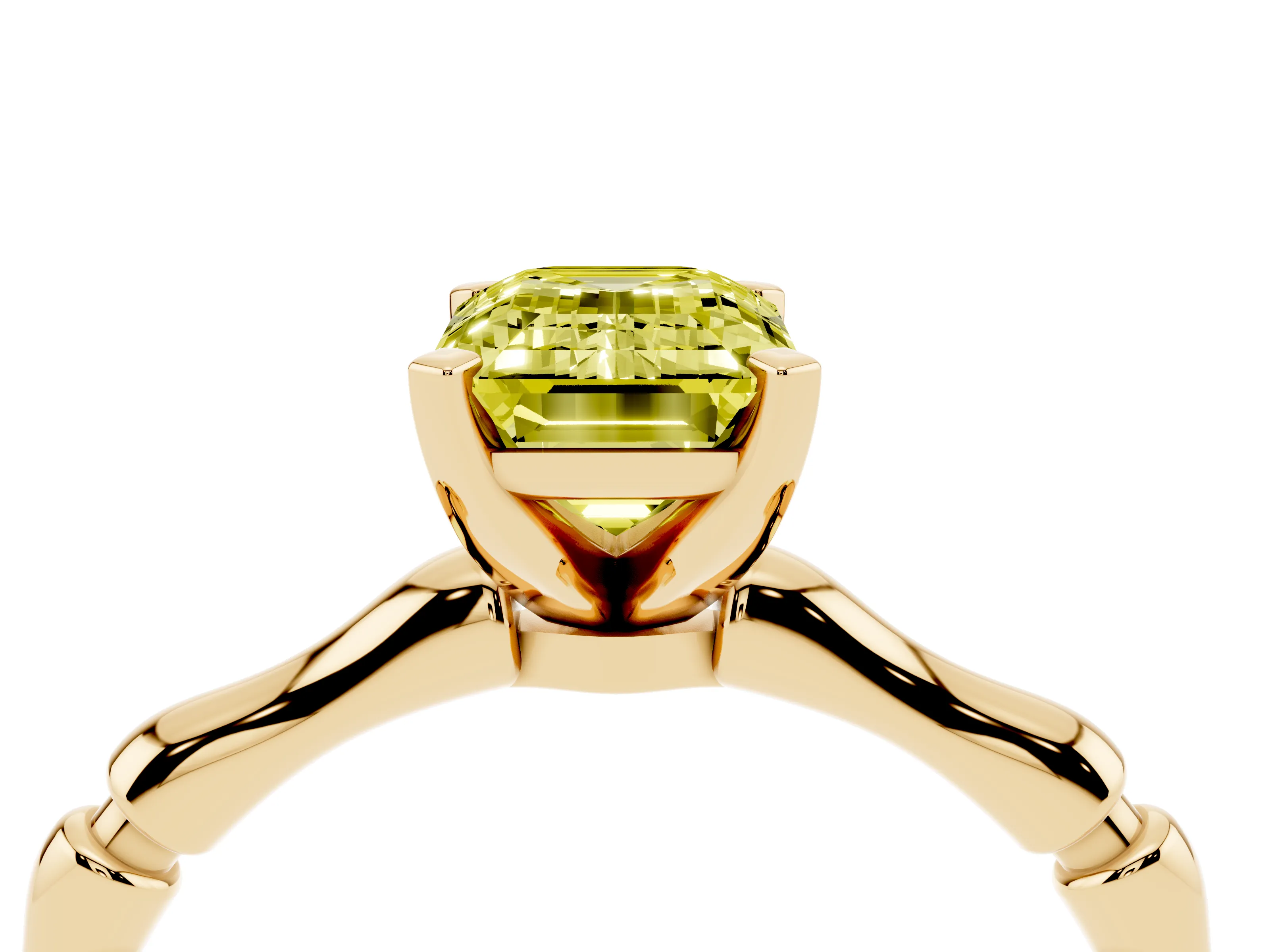 Fancy Yellow Emerald Cut Diamond Solitaire Ring Set in Yellow gold with Bamboo Band and Prong Setting