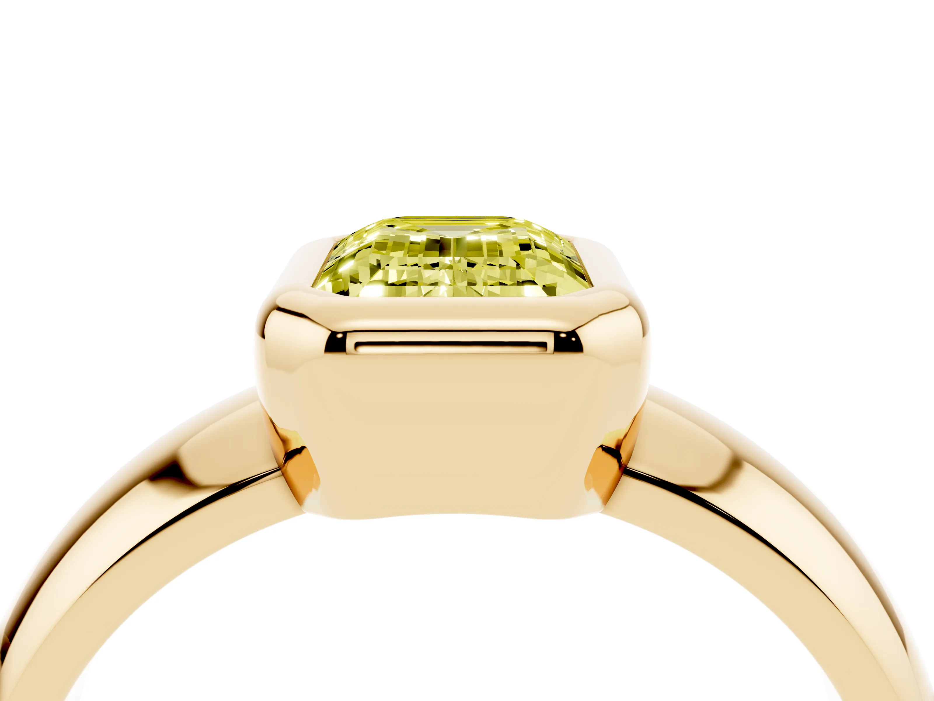 Fancy Yellow Bezel Set Emerald Cut Diamond Solitaire Ring Set in Yellow gold with Wide Band