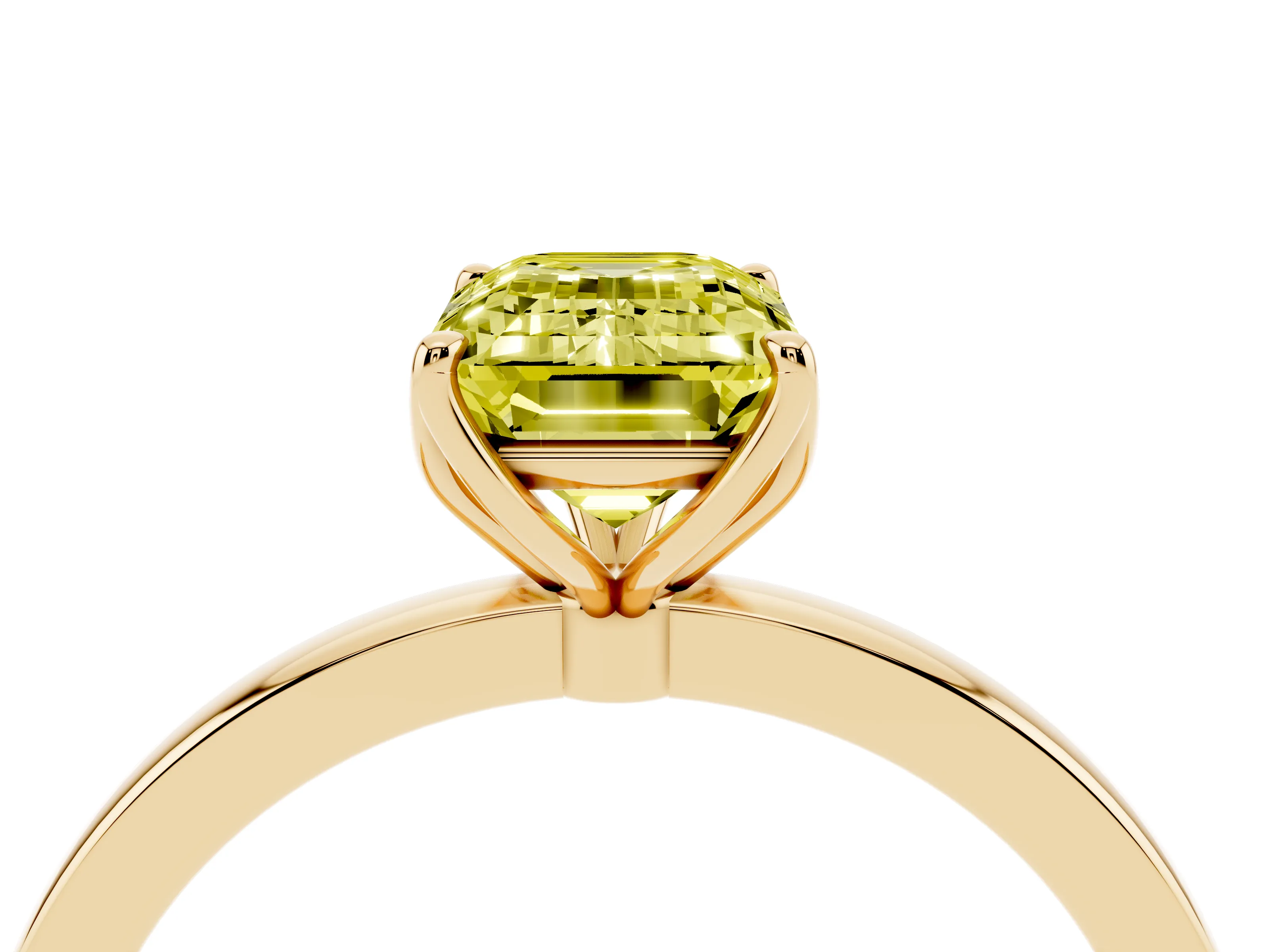 Fancy Yellow Emerald Cut Diamond Solitaire Ring Set in Yellow gold with Prong Setting and Thin Polished Band