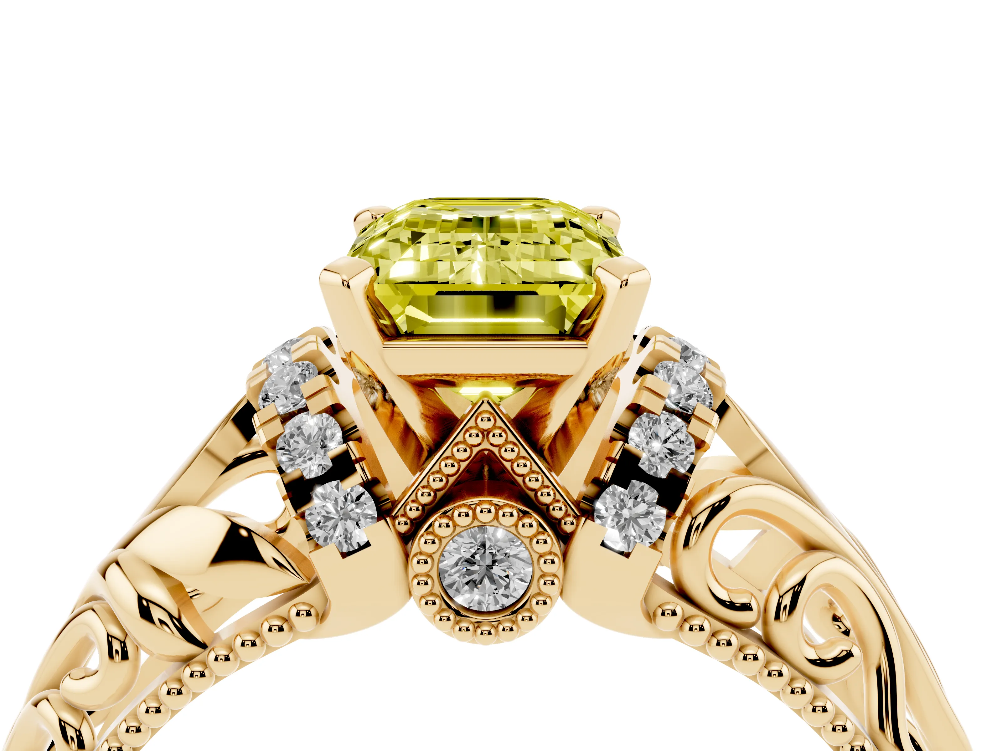 Fancy Yellow Emerald Cut Diamond Filigree Halo Engagement Ring Set in Yellow gold with Prong Setting