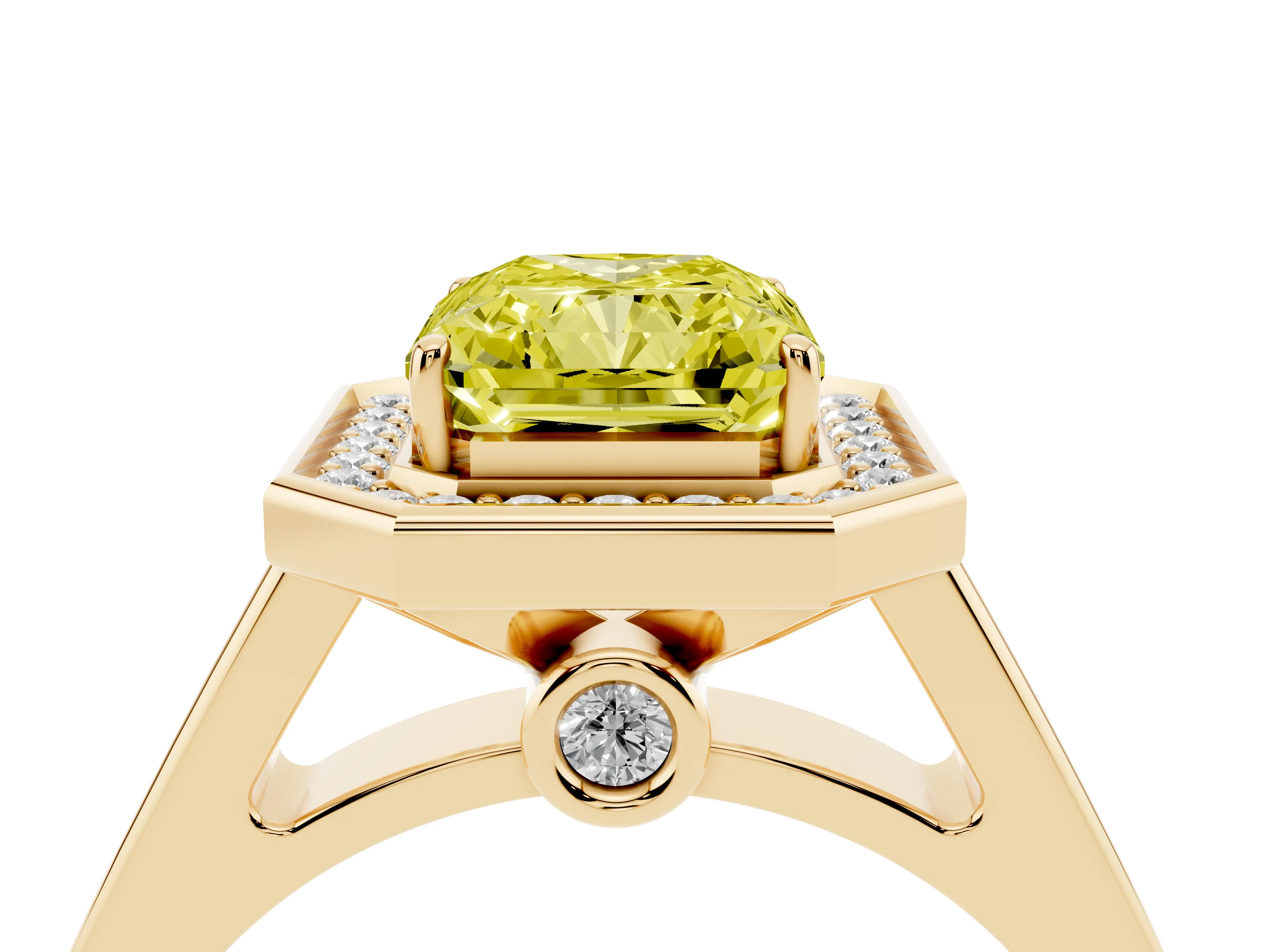 Fancy Yellow Emerald Cut Diamond Halo Solitaire Ring Set in Yellow gold with Pavé Band and Bezel Setting