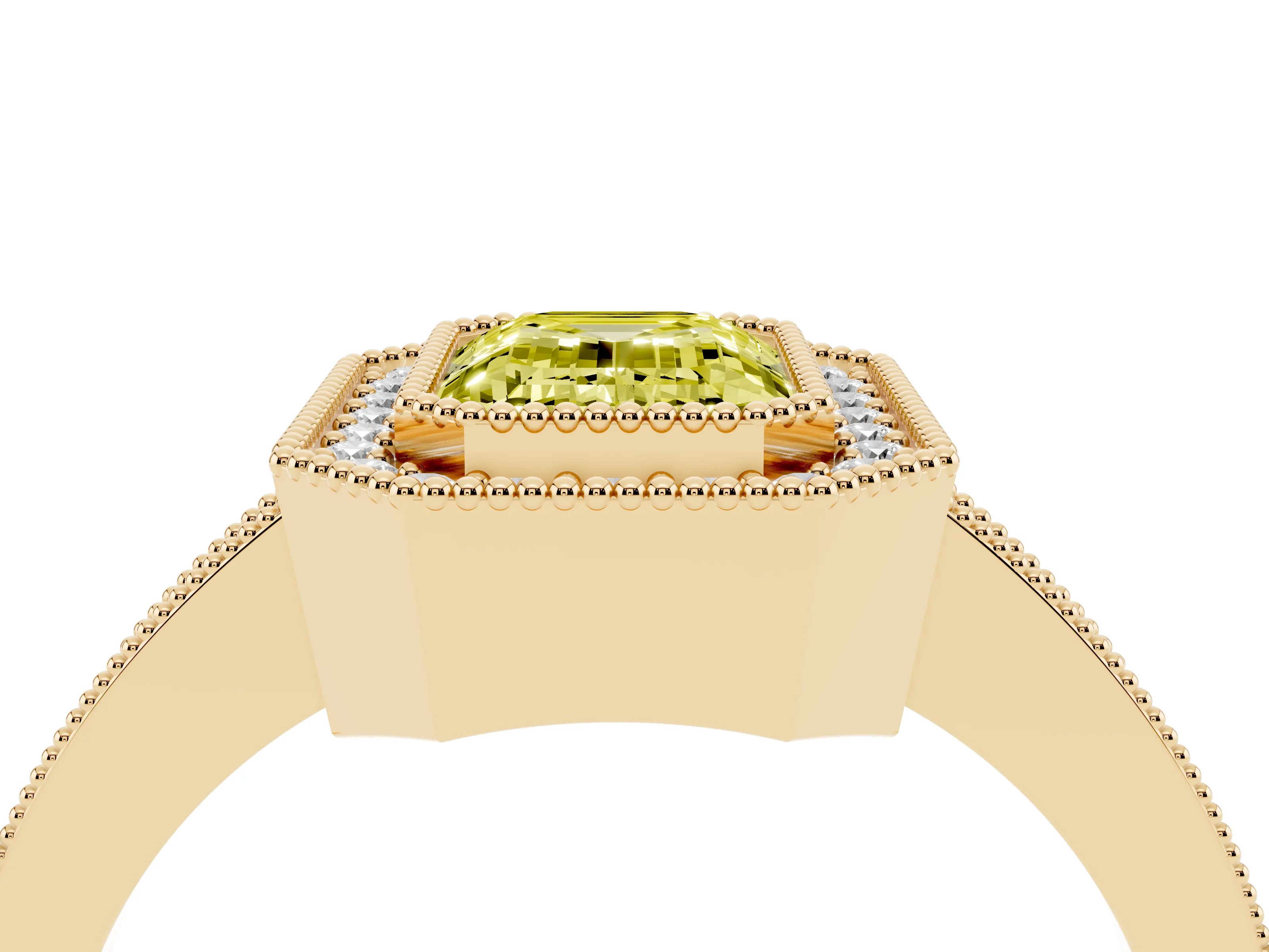 Fancy Yellow Emerald Cut Diamond Halo Engagement Ring Set in Yellow gold with Pavé Band and Round Halo Stones