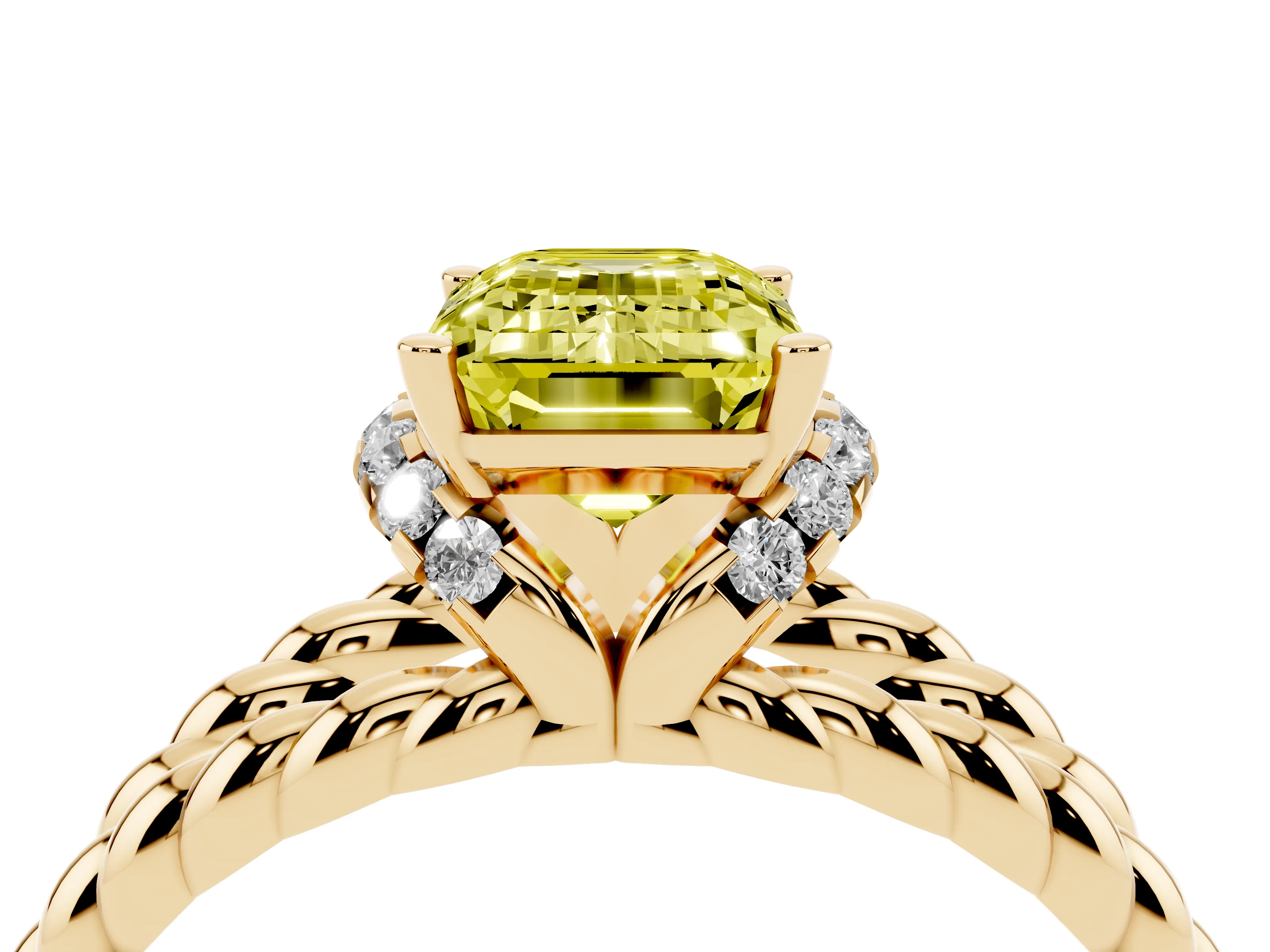 Fancy Yellow Emerald Cut Diamond Halo Ring Set in Yellow gold with Twisted Band and Prong Setting