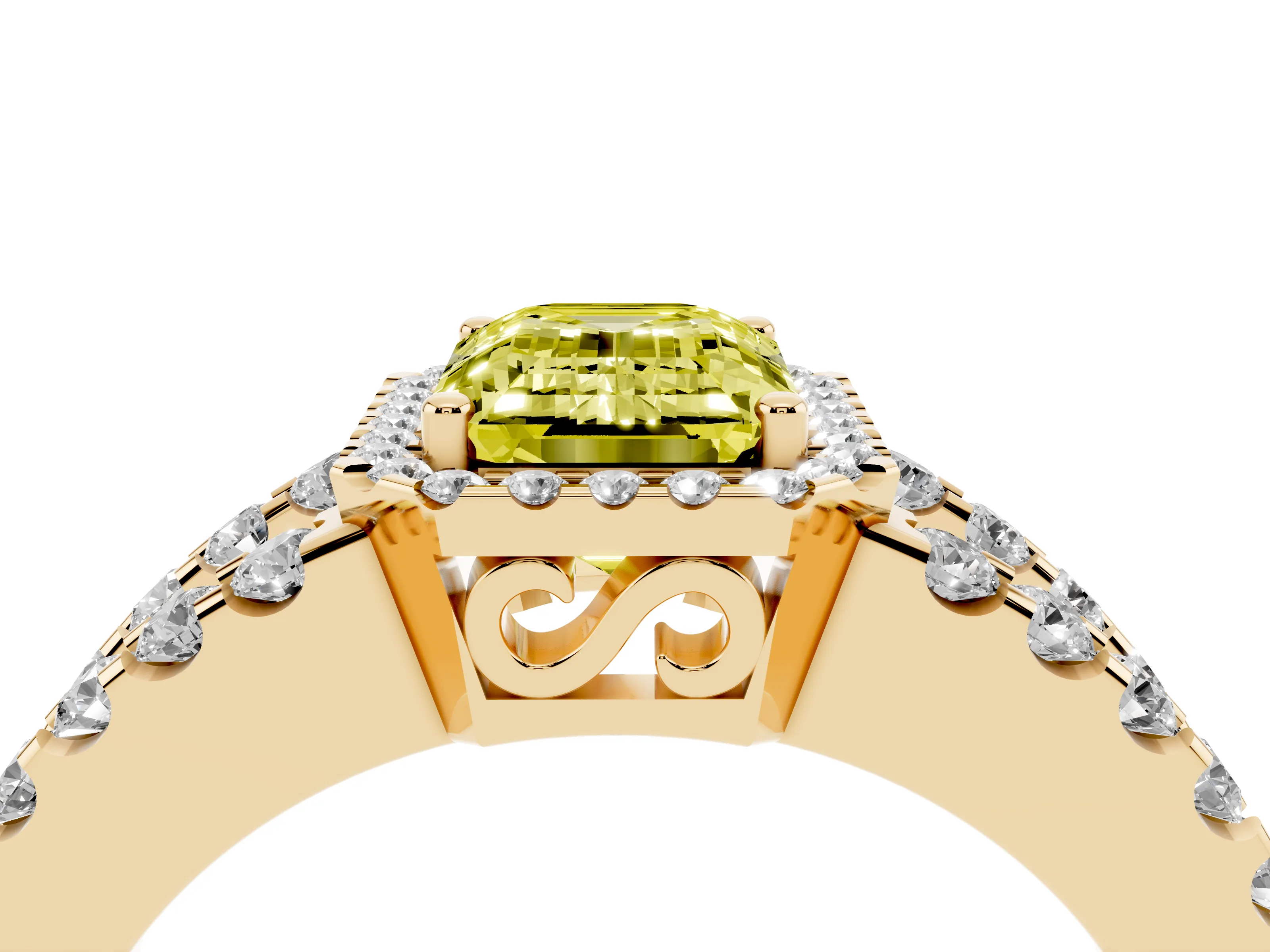 Fancy Yellow Emerald Cut Diamond Halo Ring Set in Yellow gold with Pavé Split Shank and Prong Setting