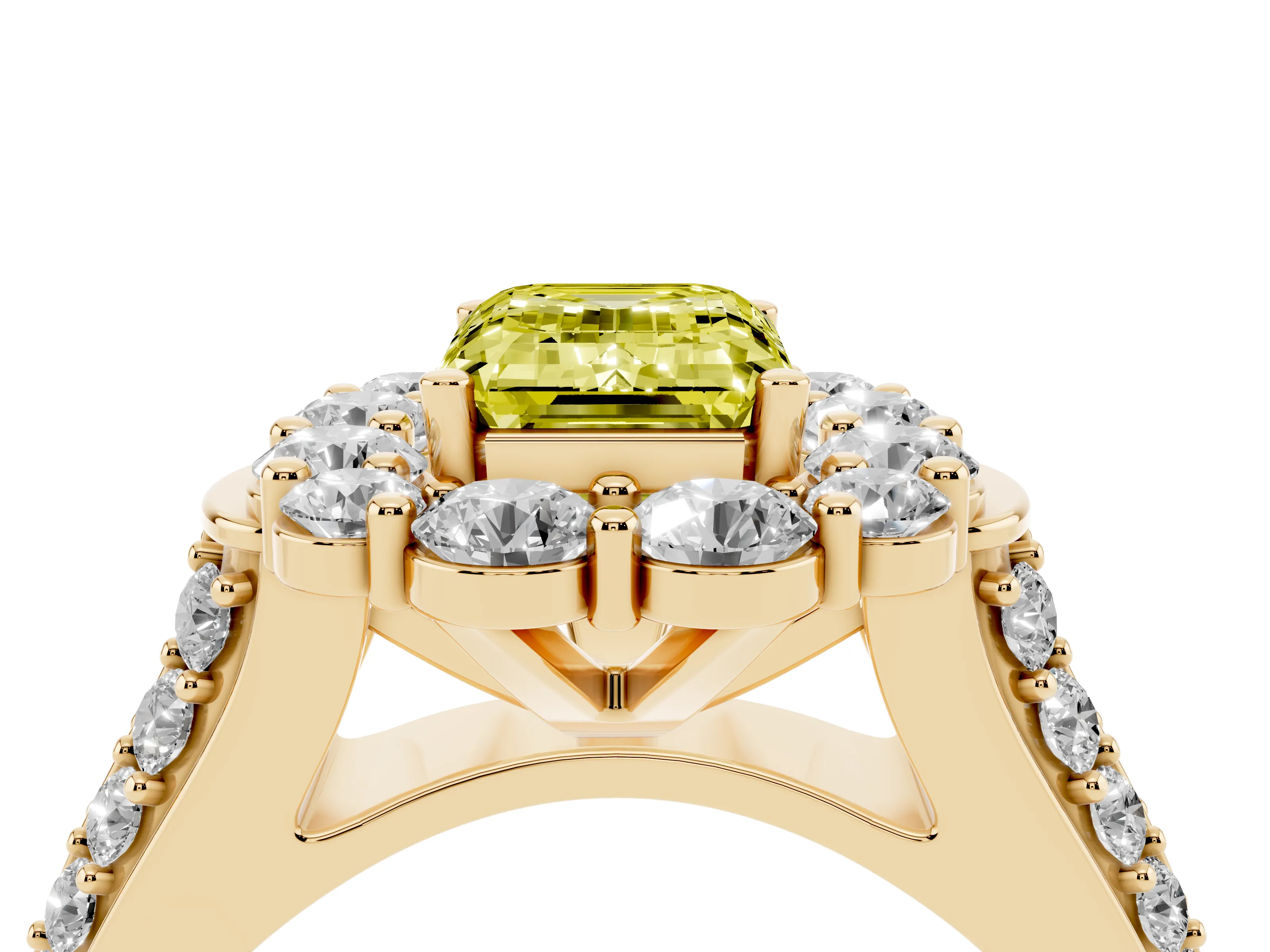 Fancy Yellow Emerald Cut Diamond Halo Engagement Ring Set in Yellow gold with Split Shank and Prong Setting