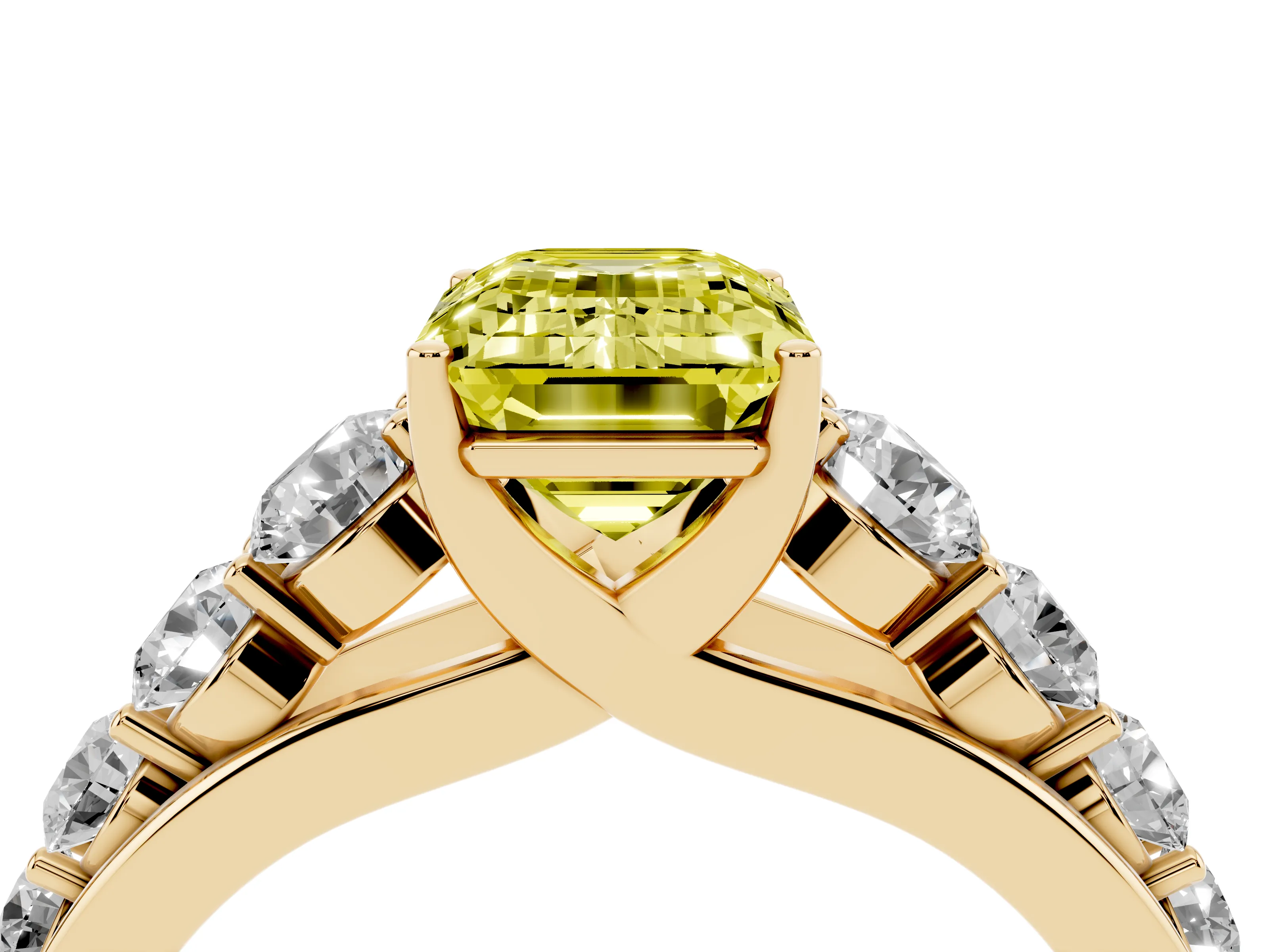Fancy Yellow Emerald Cut Diamond Solitaire Ring Set in Yellow gold with Pavé-Set Band and Prong Setting
