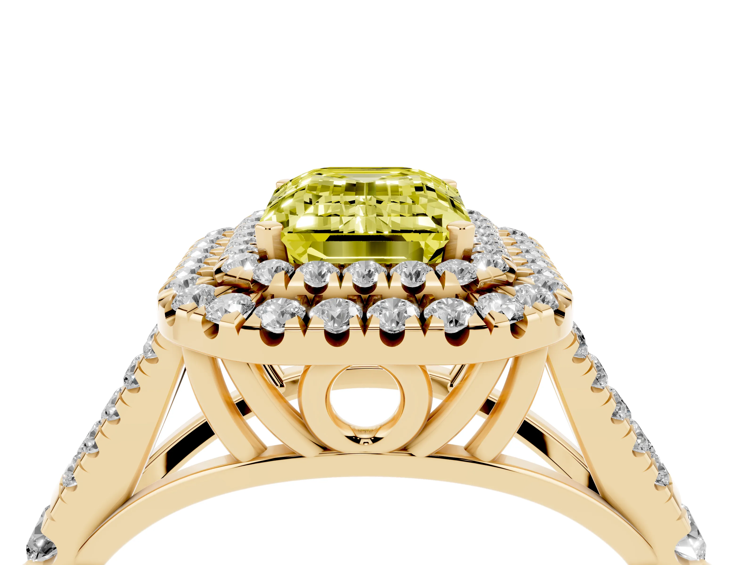 Fancy Yellow Emerald Cut Diamond Pavé Split Shank Double Halo Engagement Ring Set in Yellow gold