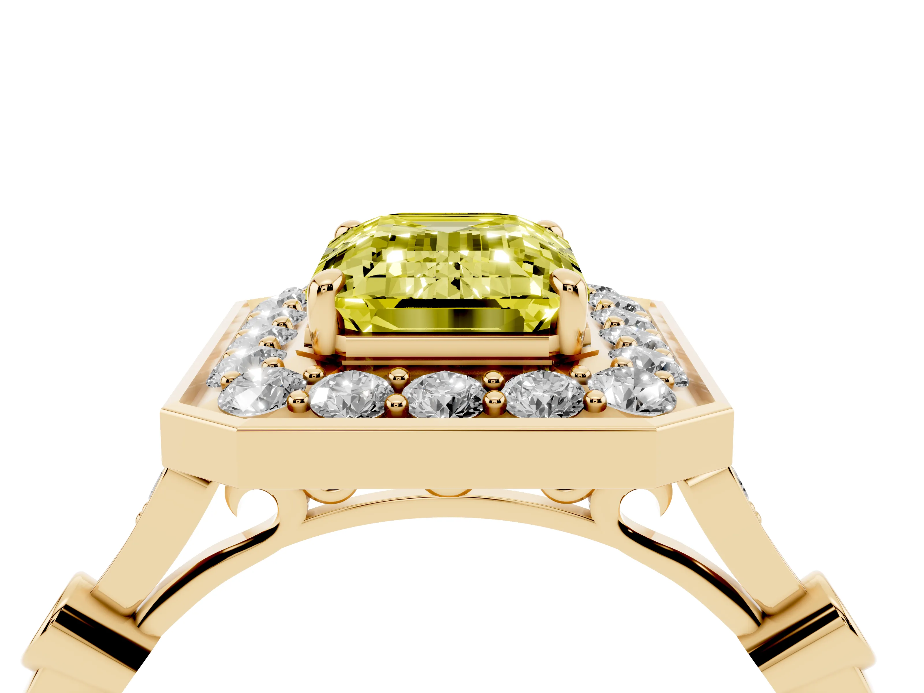 Fancy Yellow Emerald Cut Diamond Halo Engagement Ring Set in Yellow gold with Twisted Band and Prong Setting