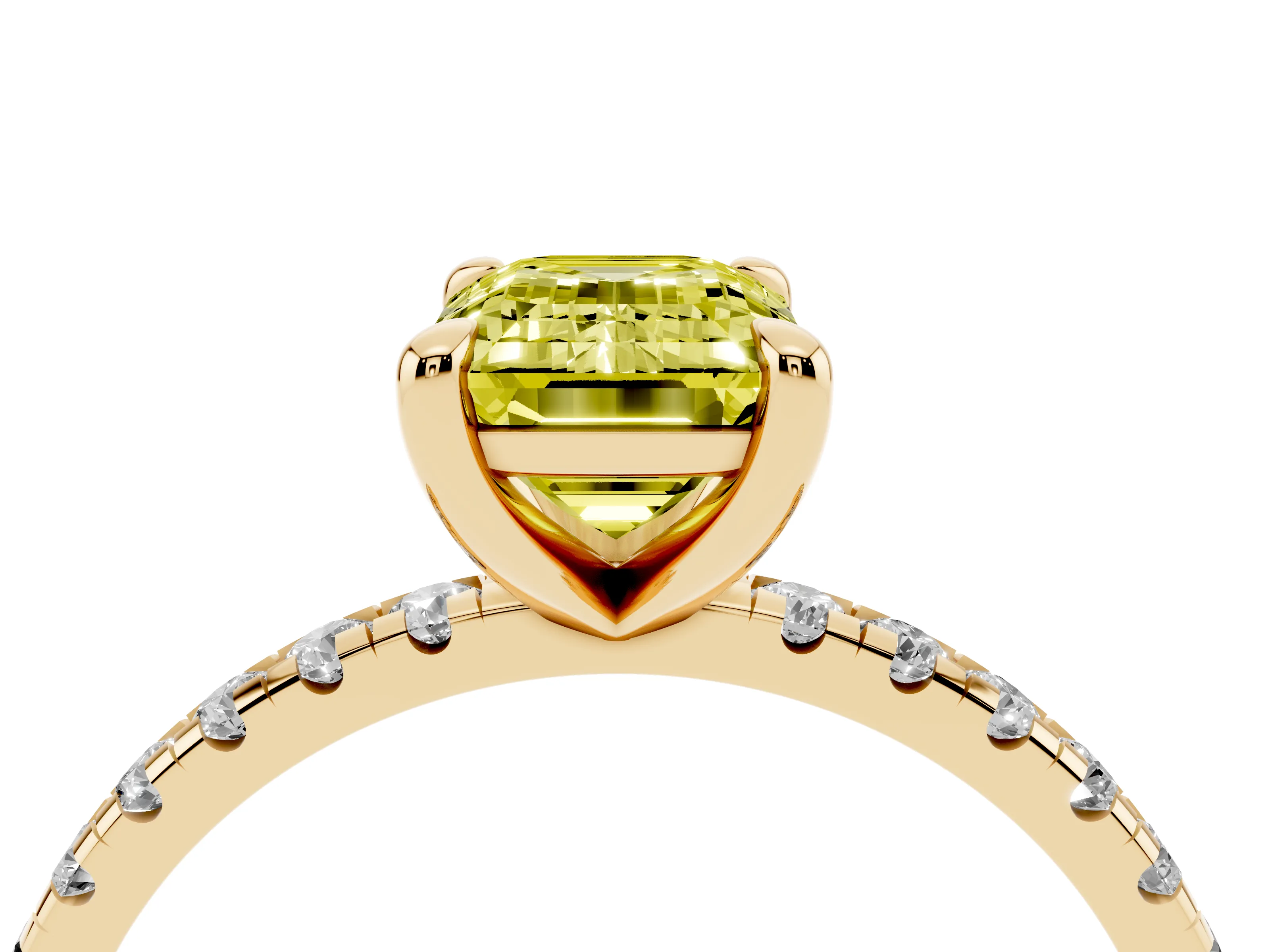 Fancy Yellow Emerald Cut Diamond Brilliant Solitaire Ring Set in Yellow gold with Pavé Band and Prong Setting