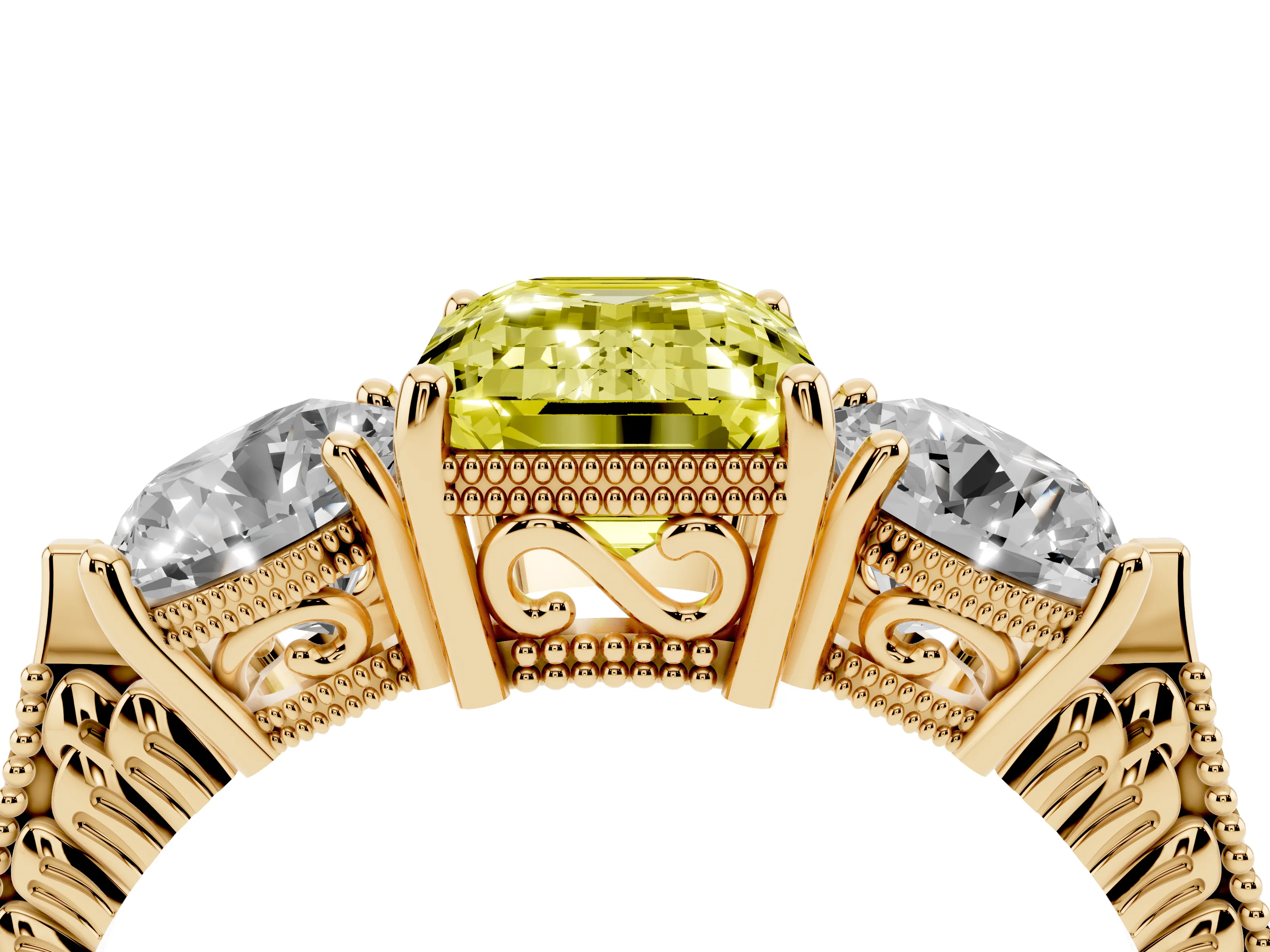 Fancy Yellow Emerald Cut Diamond Three-Stone Ring Set in Yellow gold with Milgrain Band