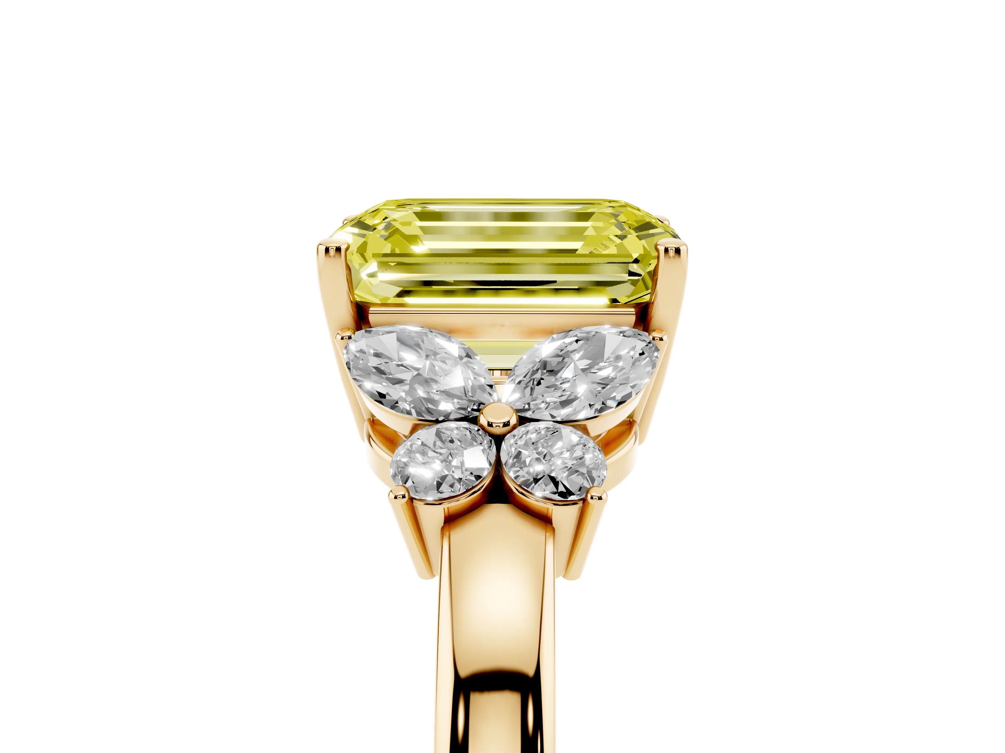 Fancy Yellow Emerald Cut Diamond Solitaire Floral Ring Set in Yellow gold with Marquise Petals and Prong Setting