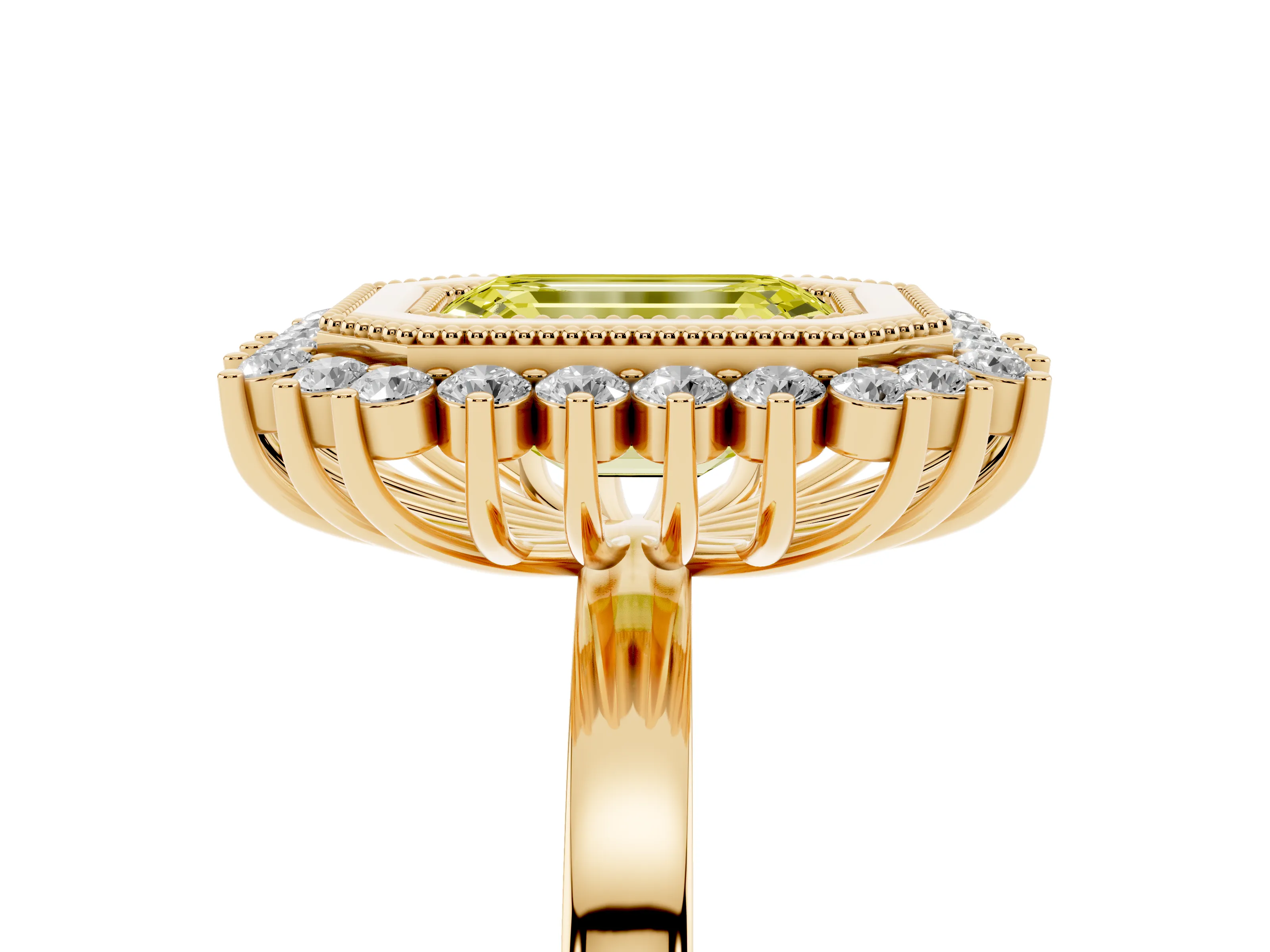 Fancy Yellow Emerald Cut Diamond Halo Ring Set in Yellow gold with Milgrain Edge and Round Prong Setting