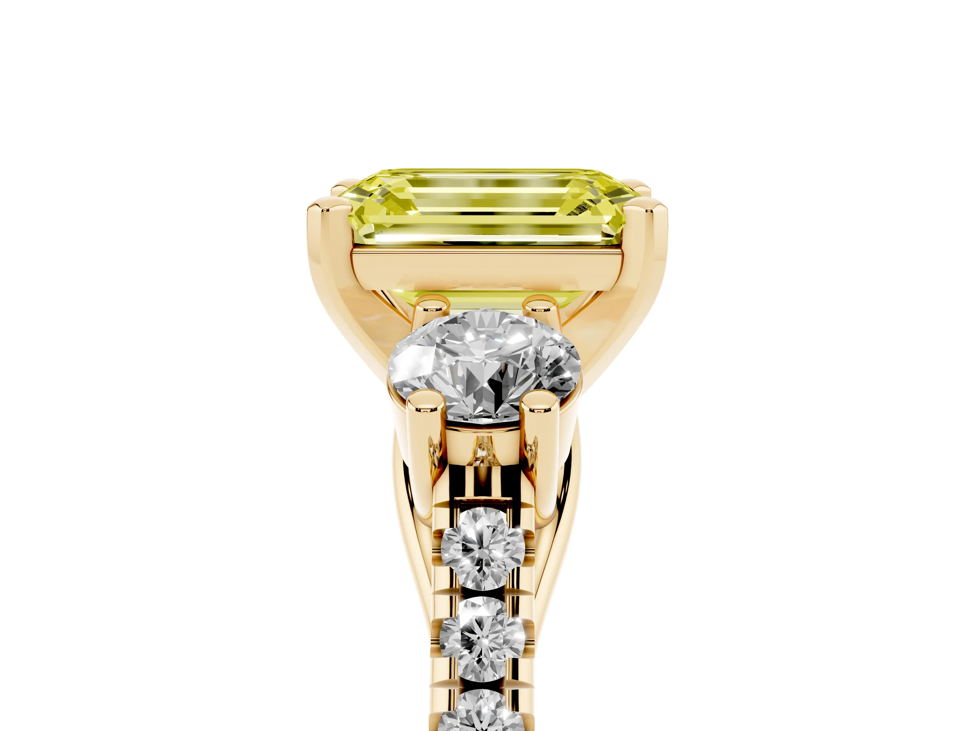 Fancy Yellow Three-Stone Emerald Cut Diamond Pavé Band Ring Set in Yellow gold with Prong-Set Trio