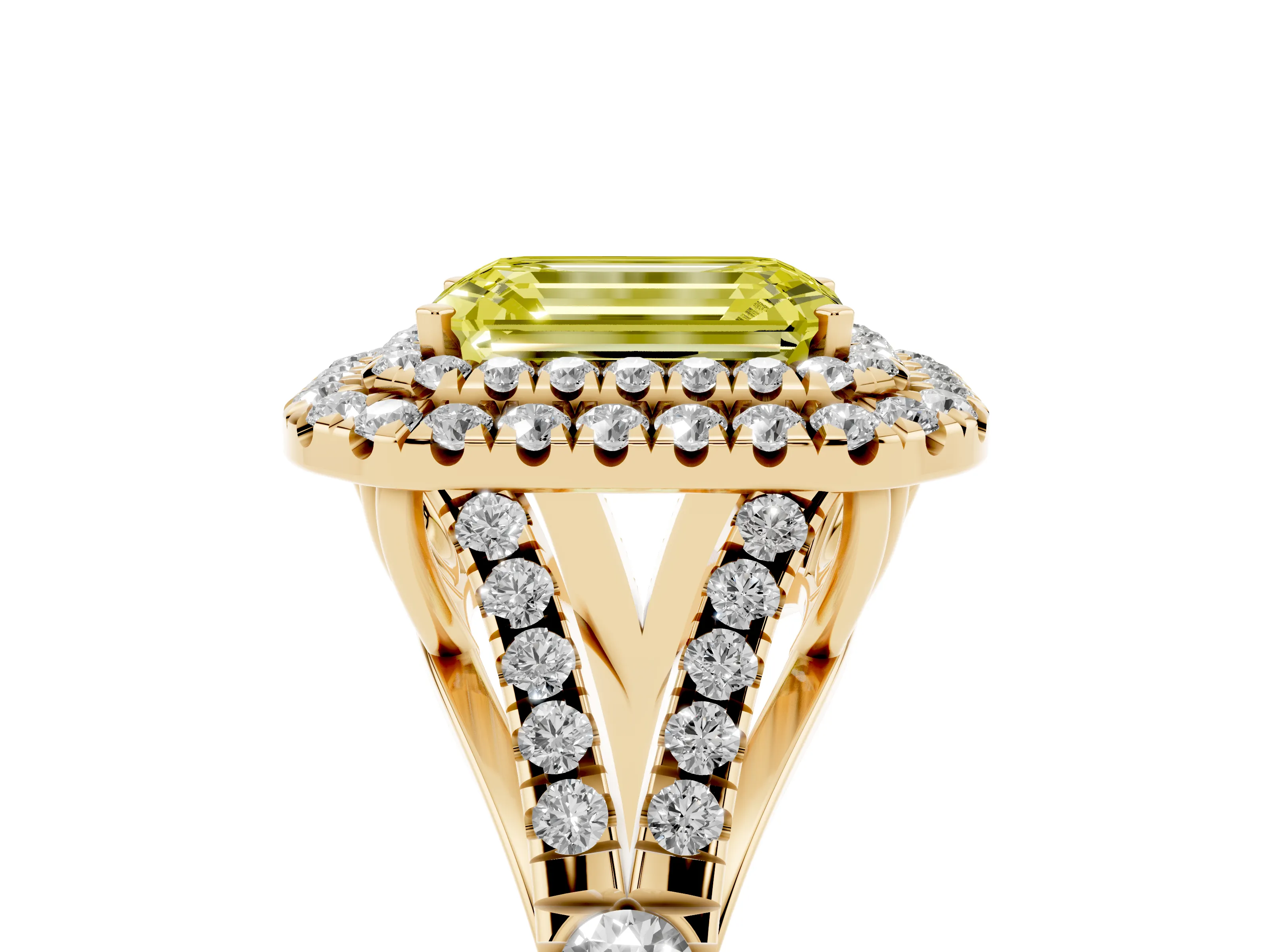 Fancy Yellow Emerald Cut Diamond Pavé Split Shank Double Halo Engagement Ring Set in Yellow gold