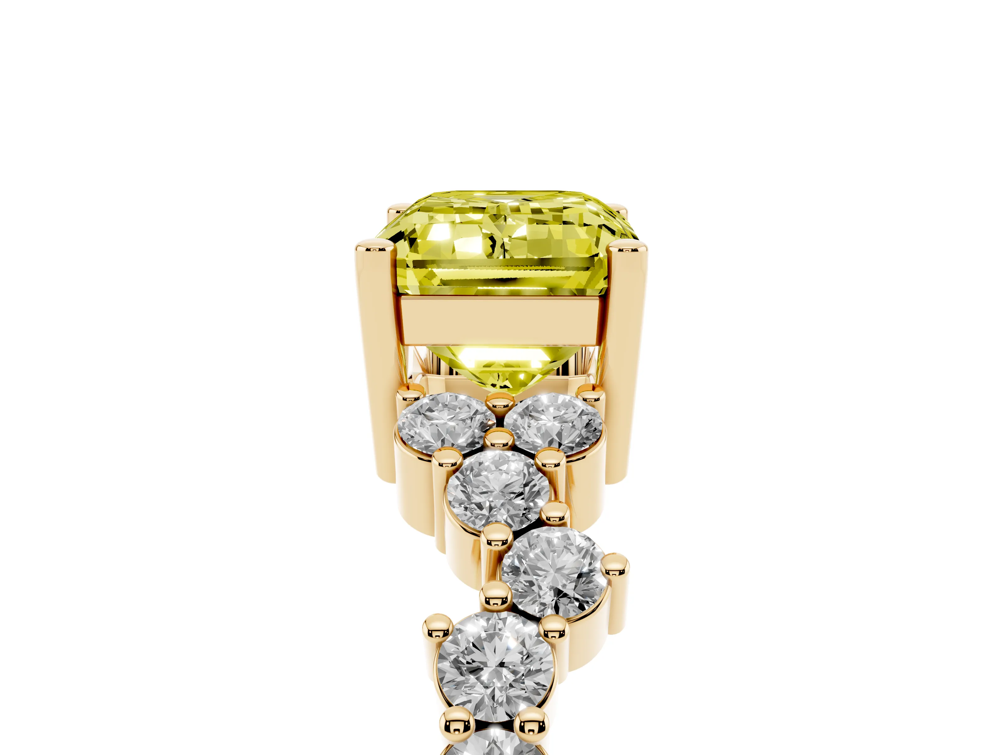 Fancy Yellow Emerald Cut Diamond Ring Set in Yellow gold with Scattered Round Accents