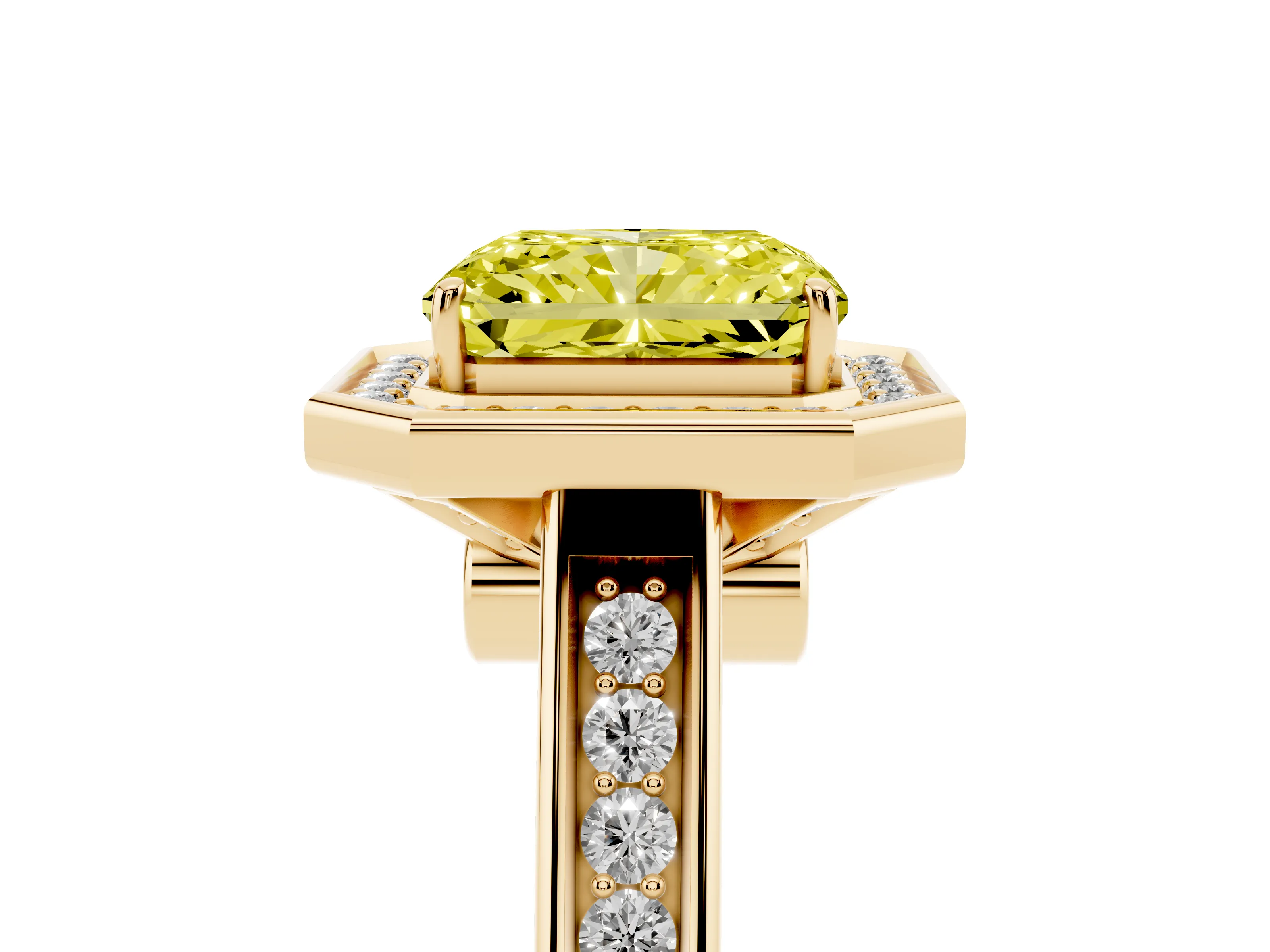 Fancy Yellow Emerald Cut Diamond Halo Solitaire Ring Set in Yellow gold with Pavé Band and Bezel Setting