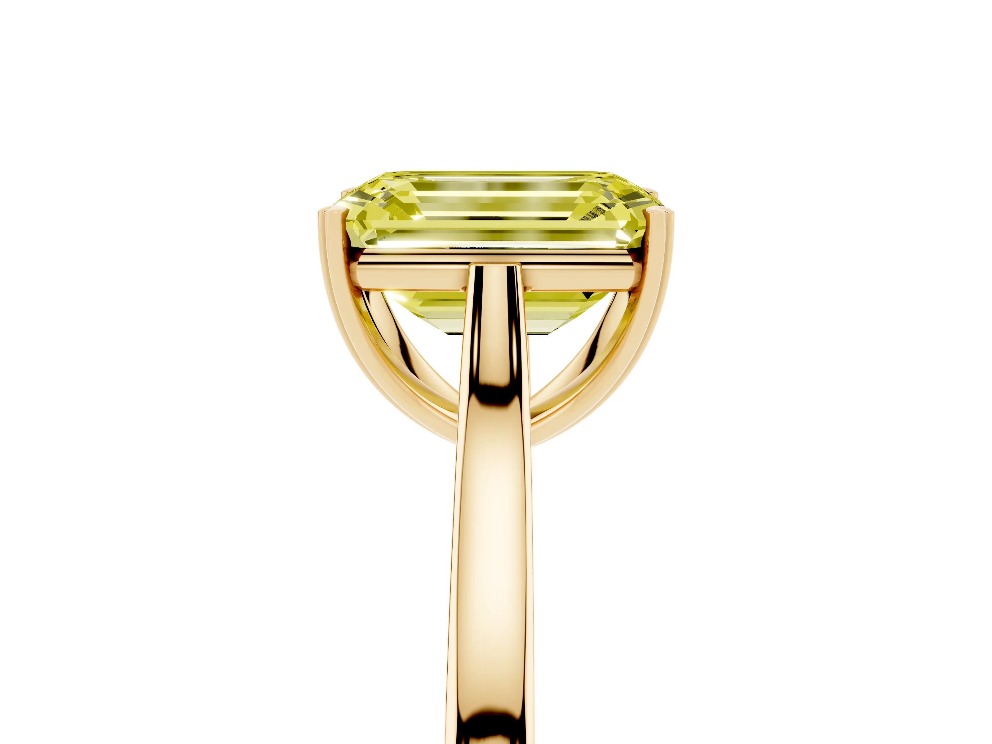 Fancy Yellow Emerald Cut Diamond Solitaire Heart Prong Engagement Ring Set in Yellow gold with Tapered Band