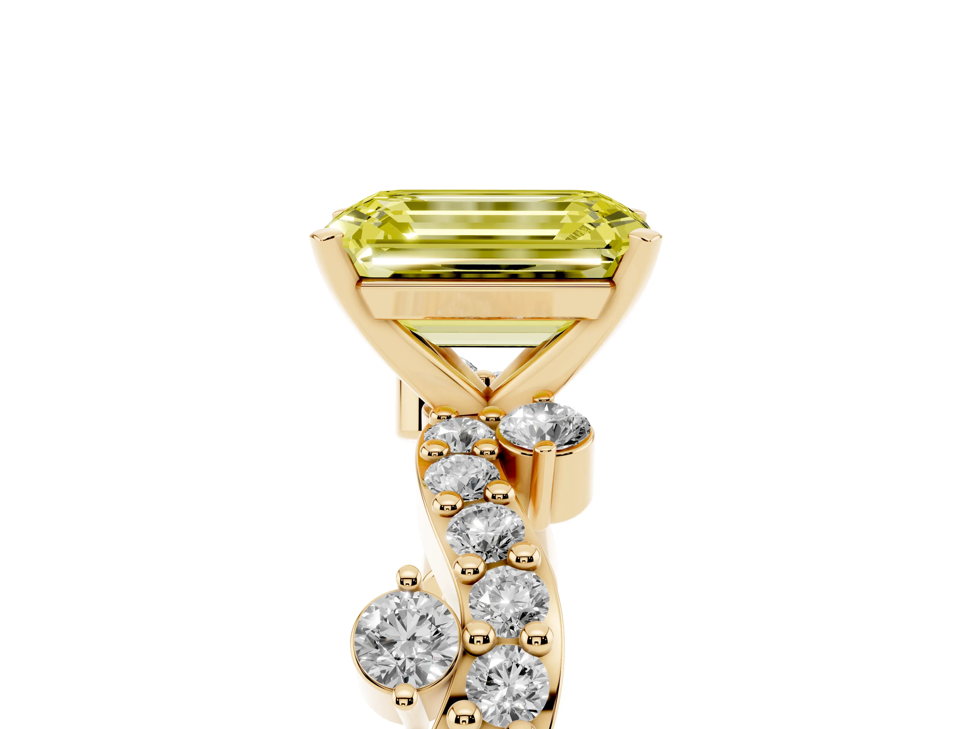 Fancy Yellow Emerald Cut Diamond Solitaire Twisted Band Set in Yellow gold with Pavé Setting