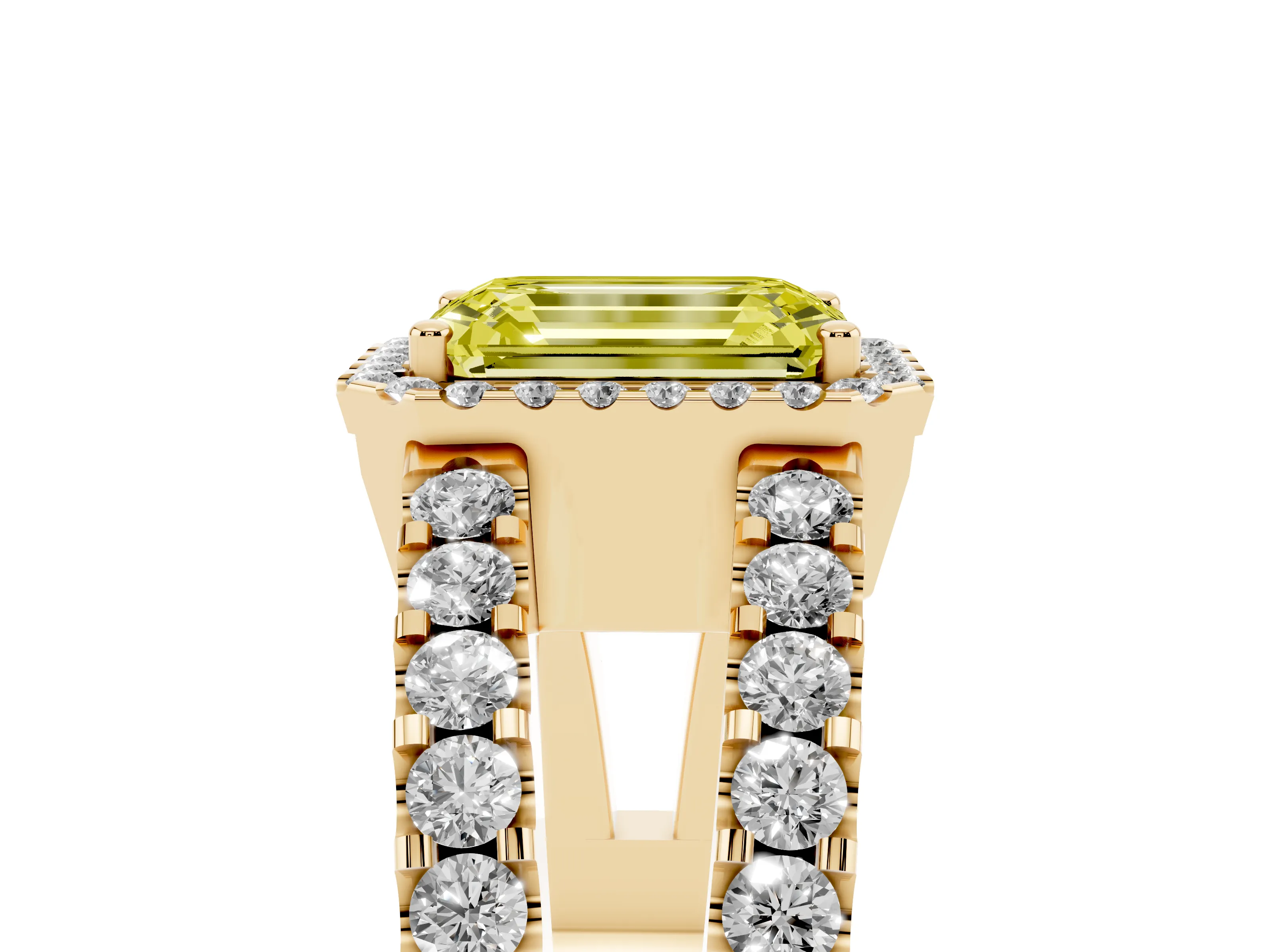 Fancy Yellow Emerald Cut Diamond Halo Ring Set in Yellow gold with Pavé Split Shank and Prong Setting