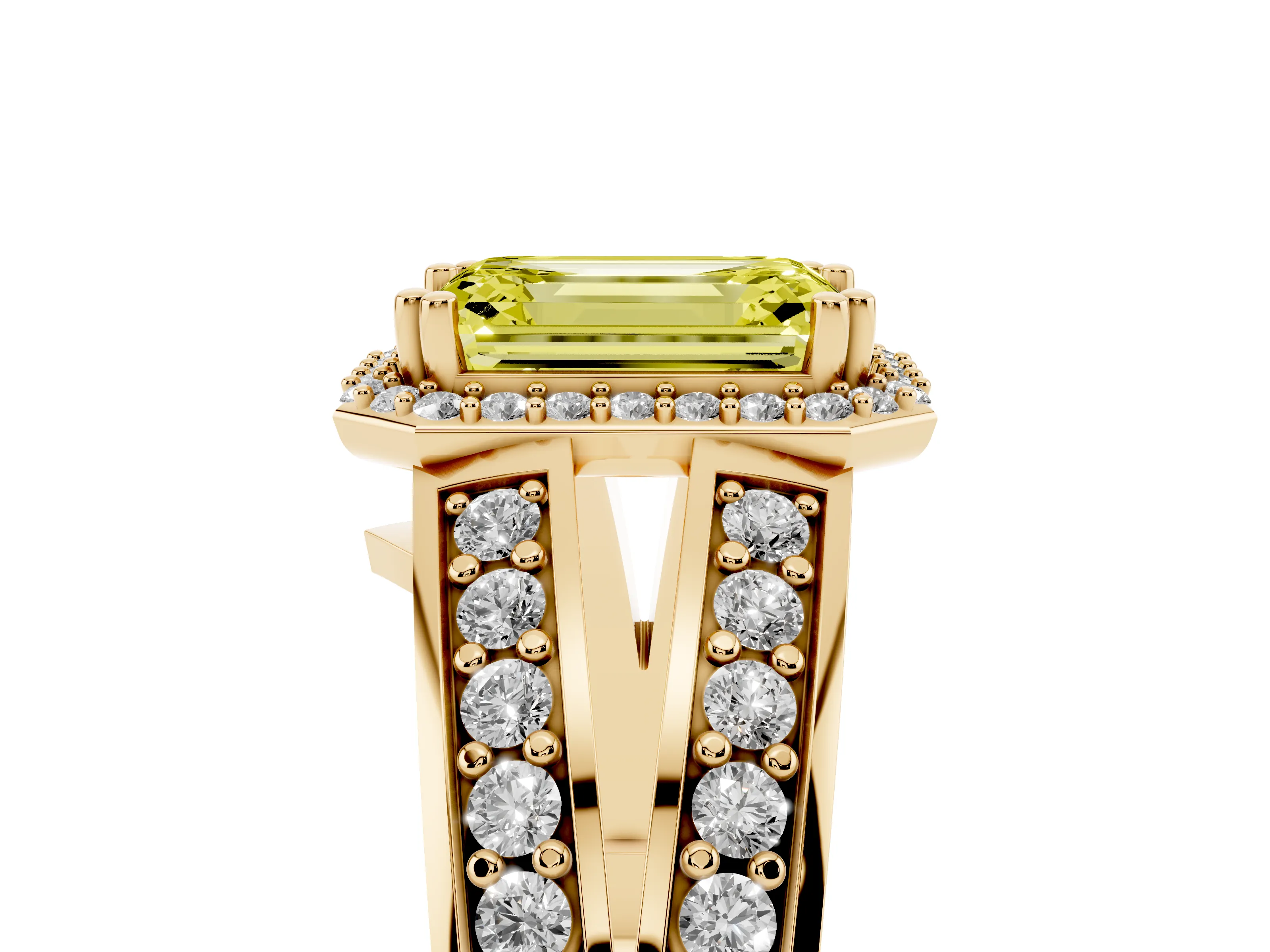 Fancy Yellow Emerald Cut Diamond Halo Ring Set in Yellow gold with Double Pavé Split Shank