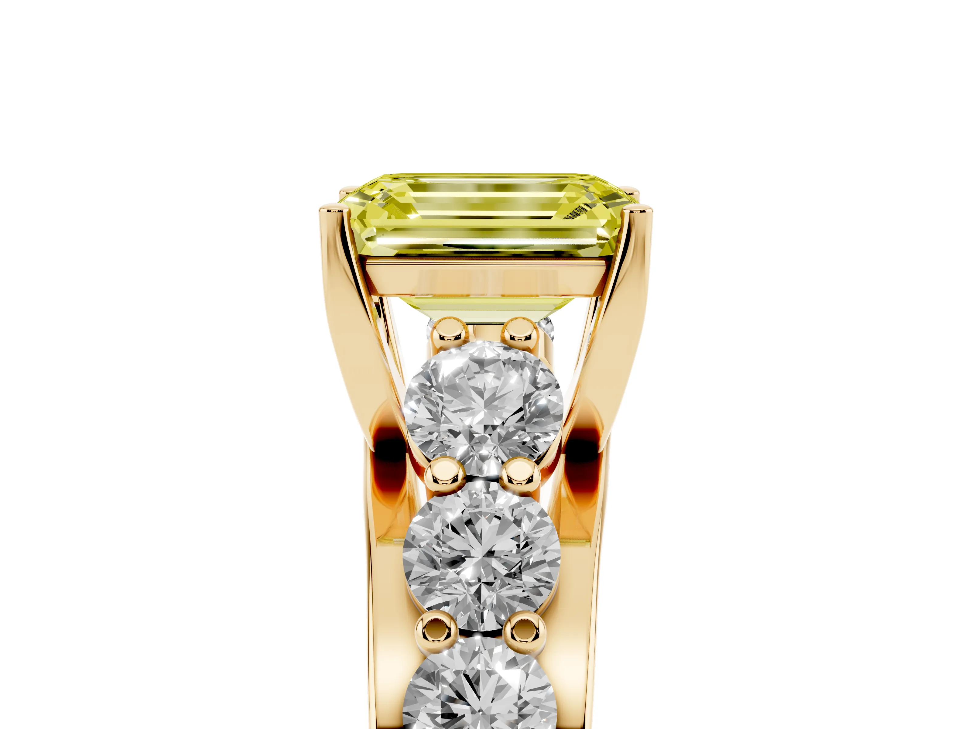 Fancy Yellow Emerald Cut Diamond Pavé Engagement Ring Set in Yellow gold with Prong Setting