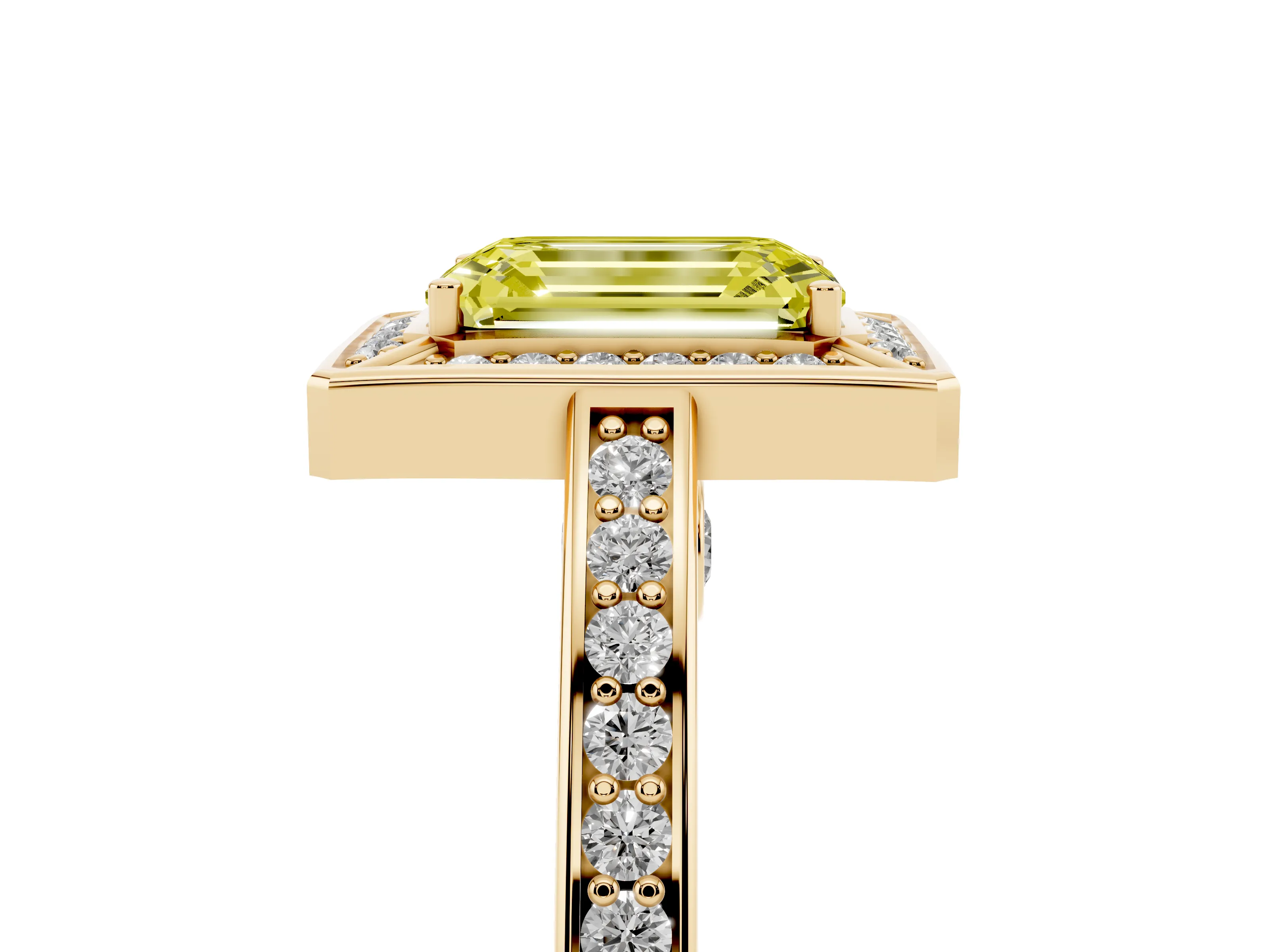Fancy Yellow Emerald Cut Diamond Halo Pavé Split Shank Ring Set in Yellow gold with Prong Setting