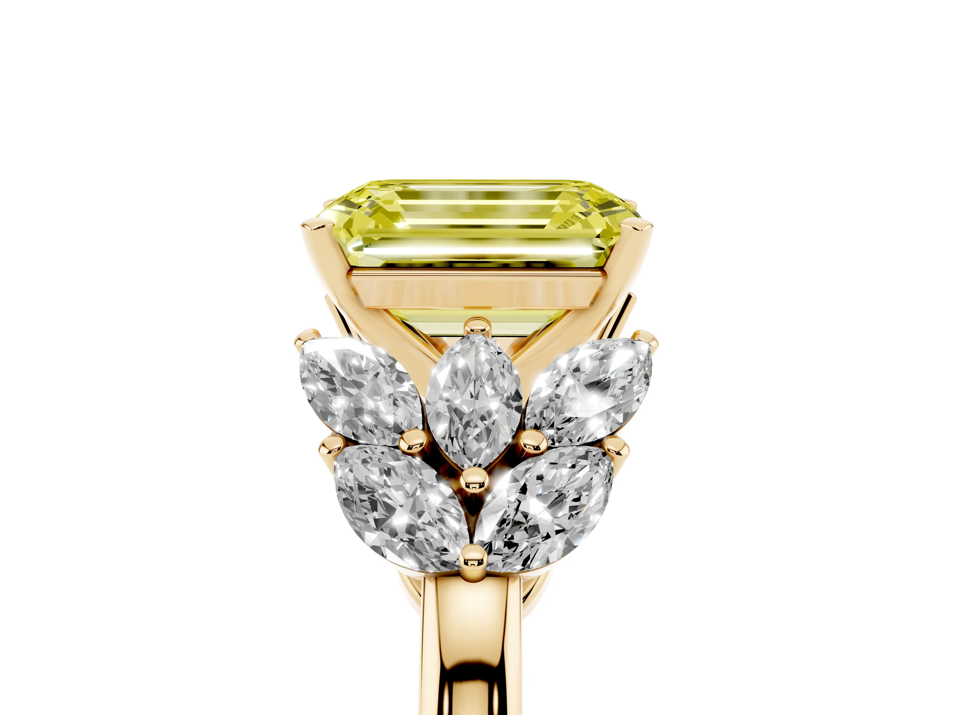 Fancy Yellow Emerald Cut Diamond Cluster Leaf Design Ring Set in Yellow gold with Prong Setting