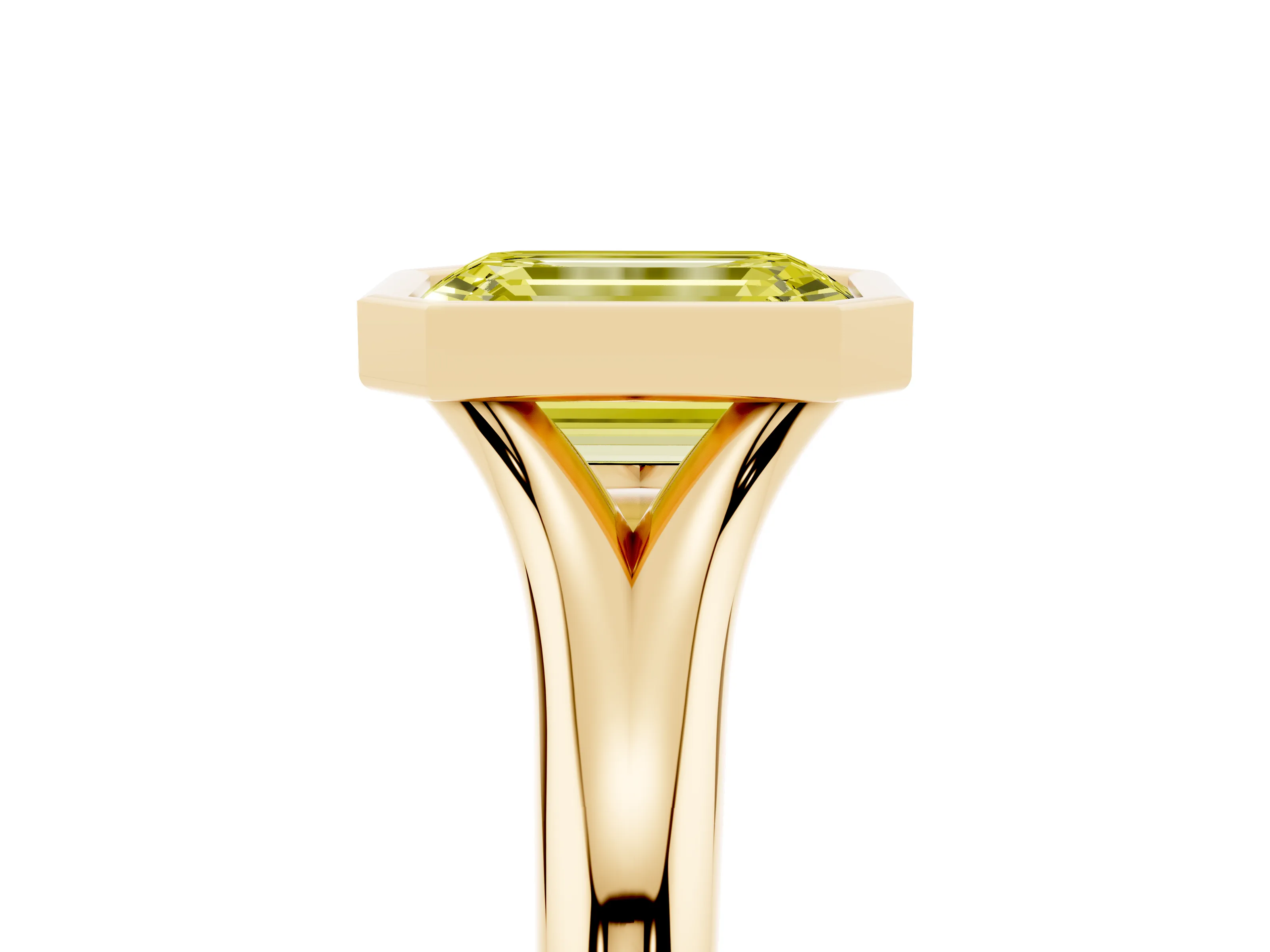 Fancy Yellow Bezel Set Emerald Cut Diamond Solitaire Ring Set in Yellow gold with Smooth Band