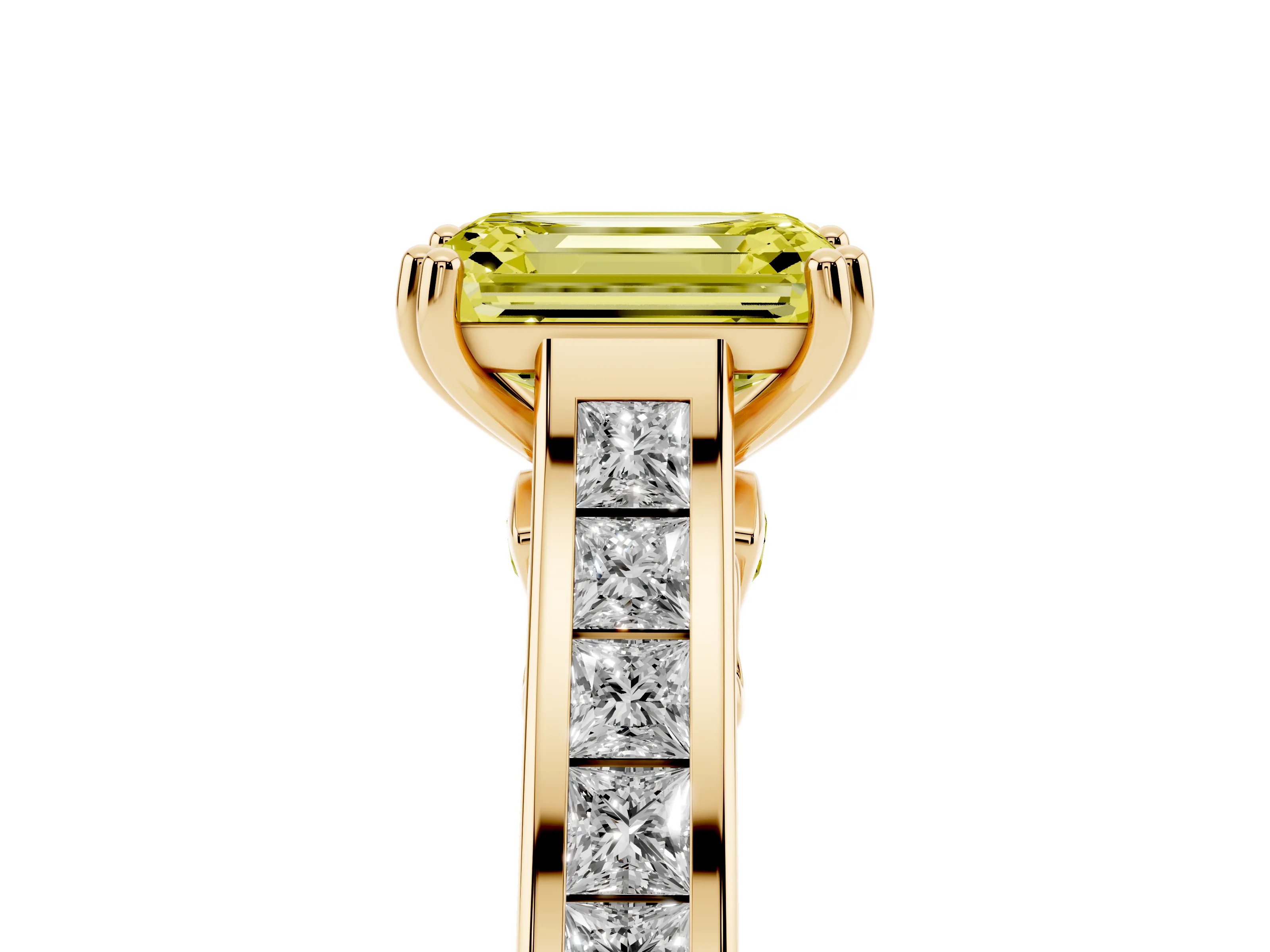 Fancy Yellow Emerald Cut Diamond Channel Set Solitaire Engagement Ring Set in Yellow gold with Prong Setting