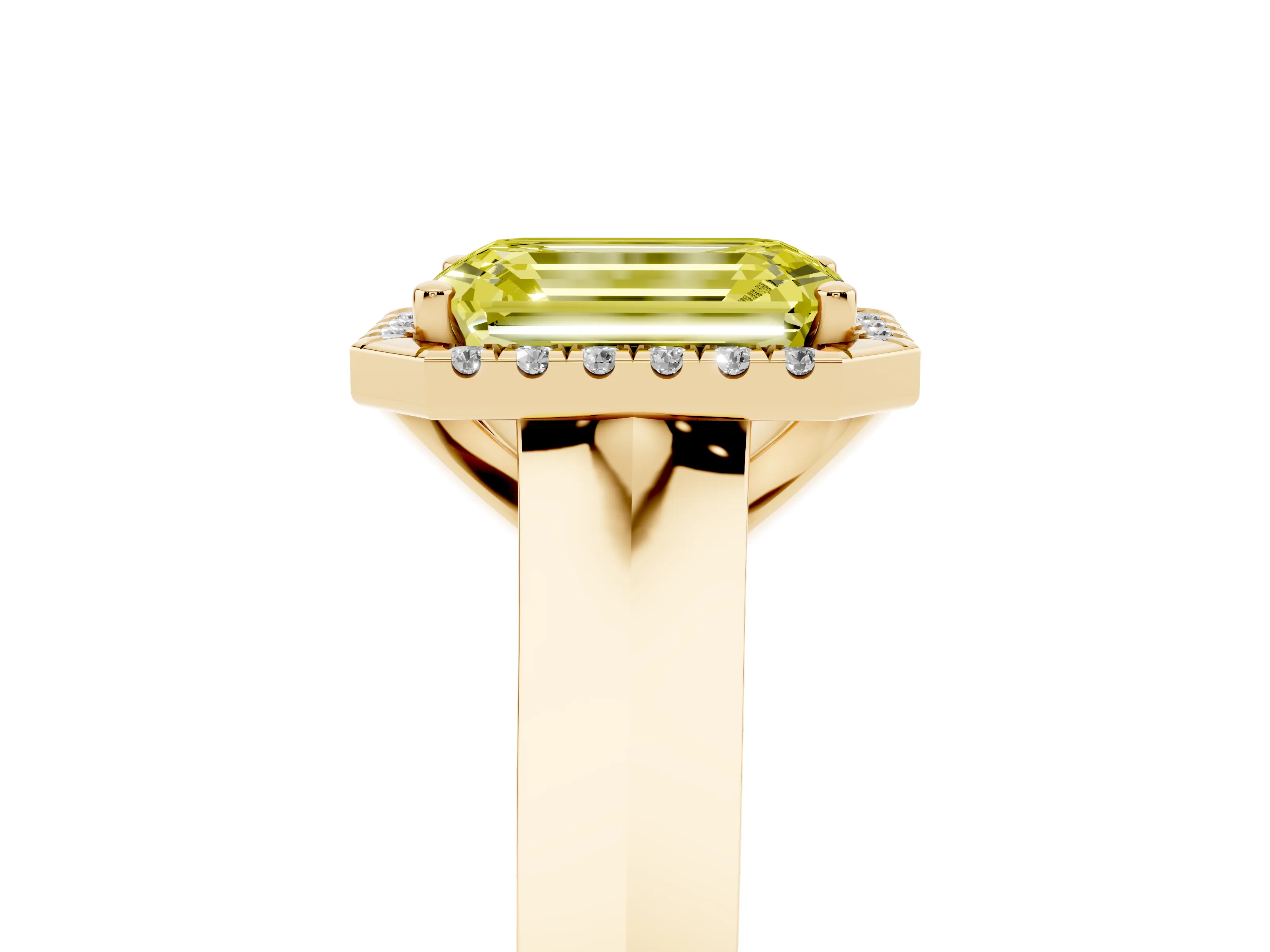 Fancy Yellow Emerald Cut Diamond Halo Ring Set in Yellow gold with Cathedral Band and Prong Setting