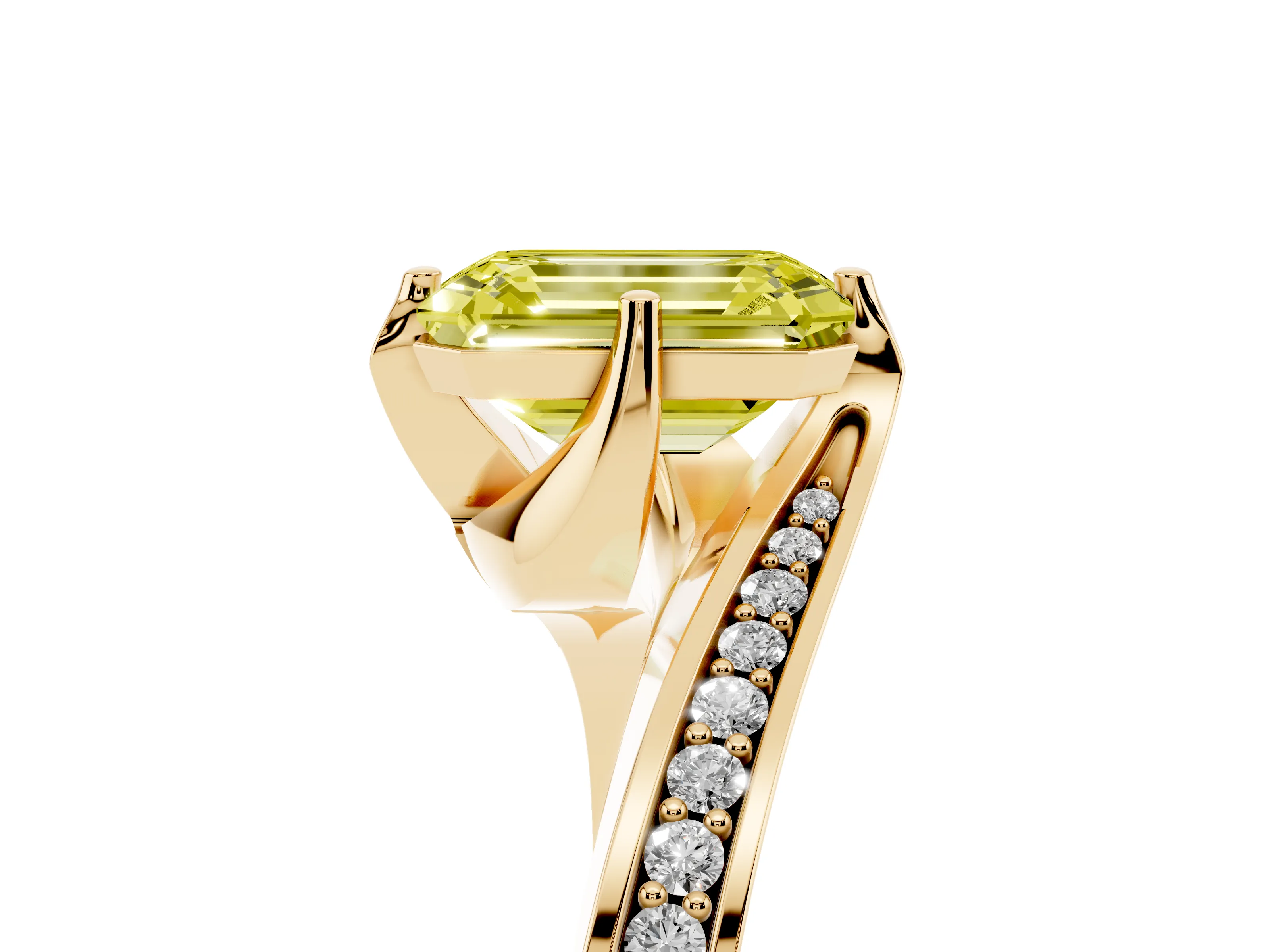 Fancy Yellow Emerald Cut Diamond Solitaire Ring Set in Yellow gold with Intertwined Pavé Twist Band