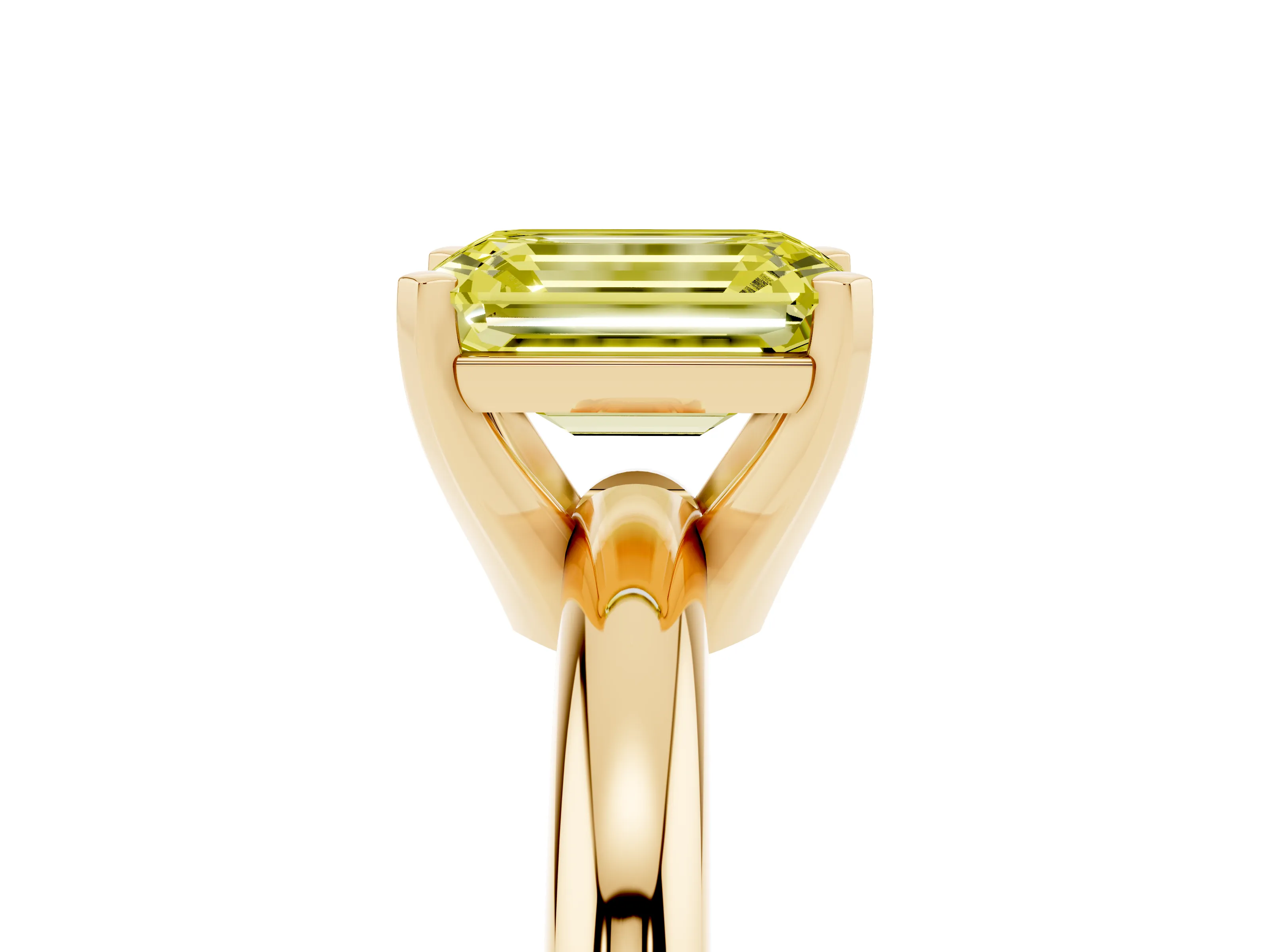 Fancy Yellow Emerald Cut Diamond Solitaire Engagement Ring Set in Yellow gold with Round Band and Prong Setting