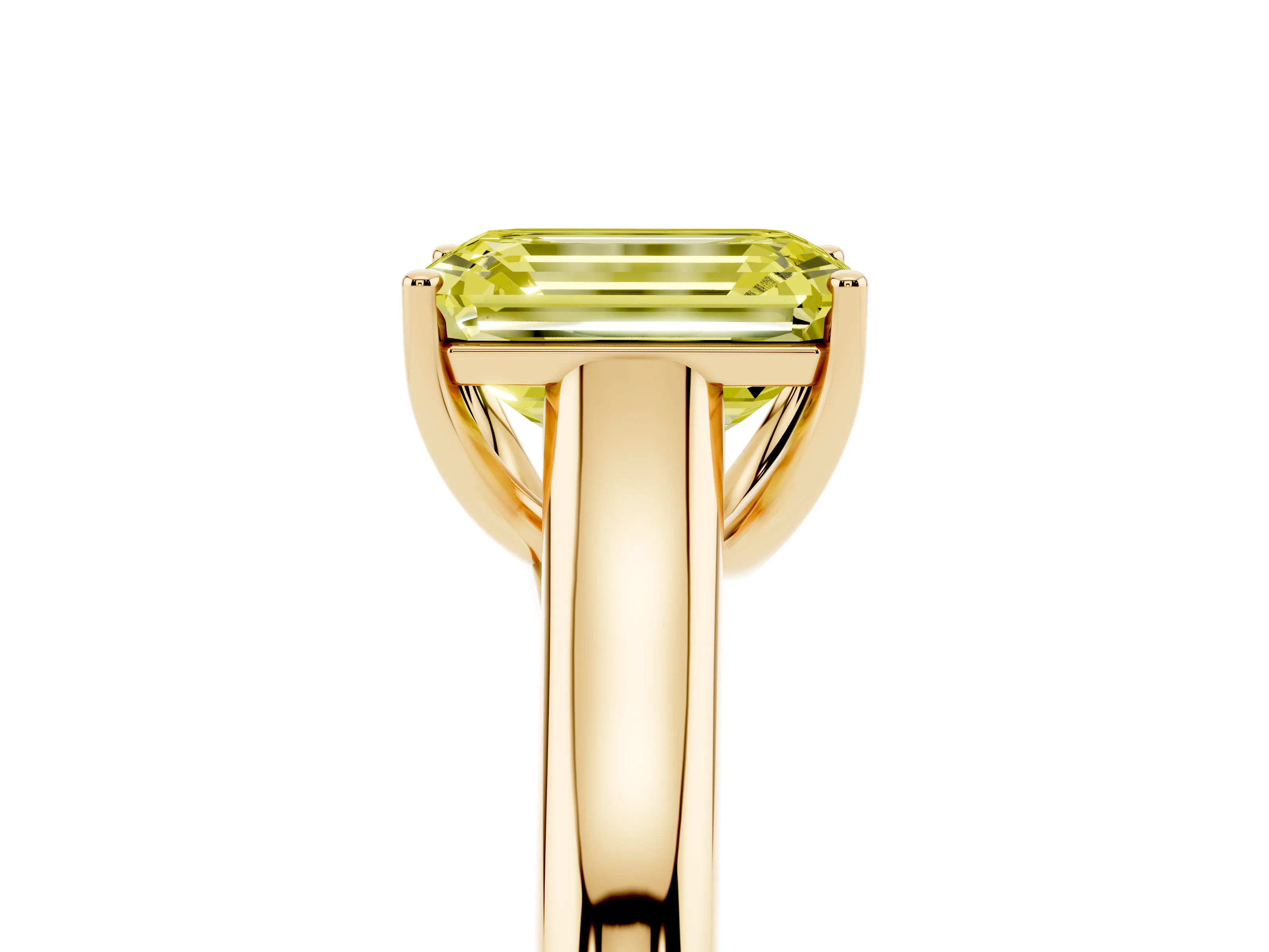 Fancy Yellow Emerald Cut Diamond Solitaire Engagement Ring Set in Yellow gold with Subtly Tapered Band and Prong Setting