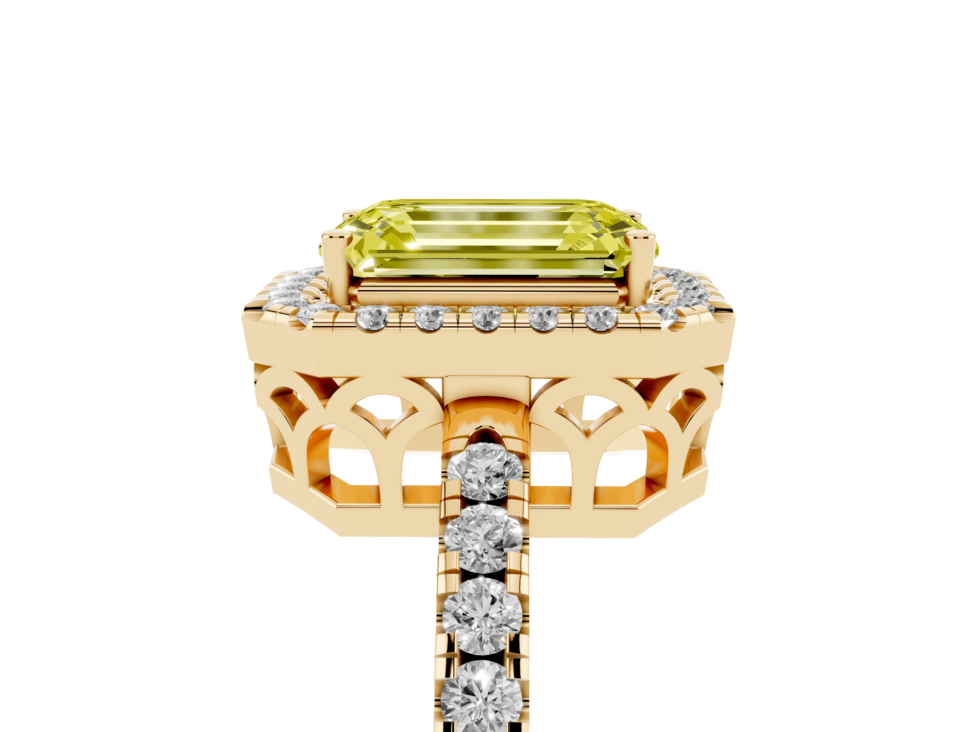 Fancy Yellow Emerald Cut Diamond Pavé Band Halo Engagement Ring Set in Yellow gold with Prong Setting