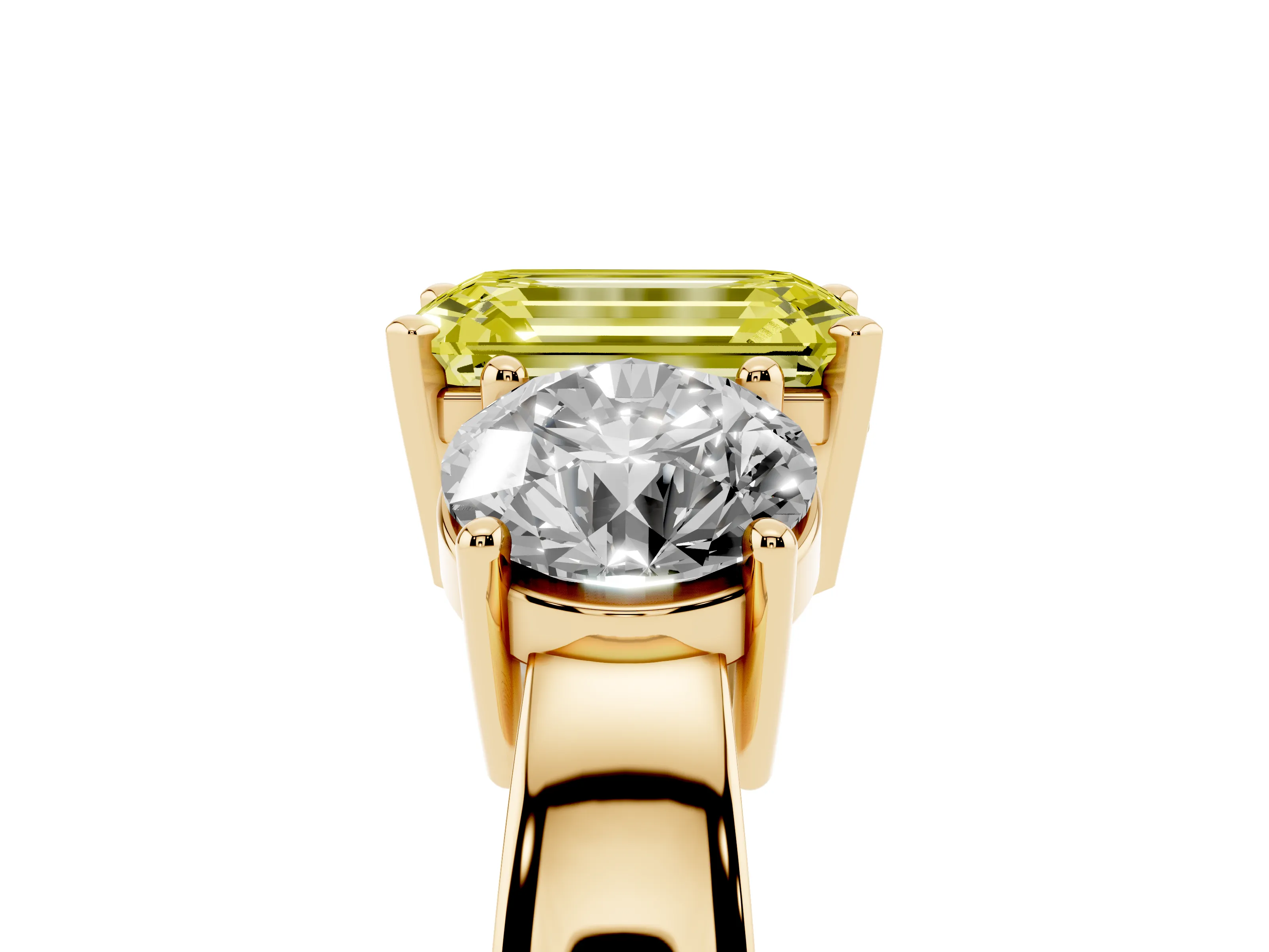 Fancy Yellow Emerald Cut Diamond Three-Stone Ring Set in Yellow gold with Round Side Stones and Classic Band