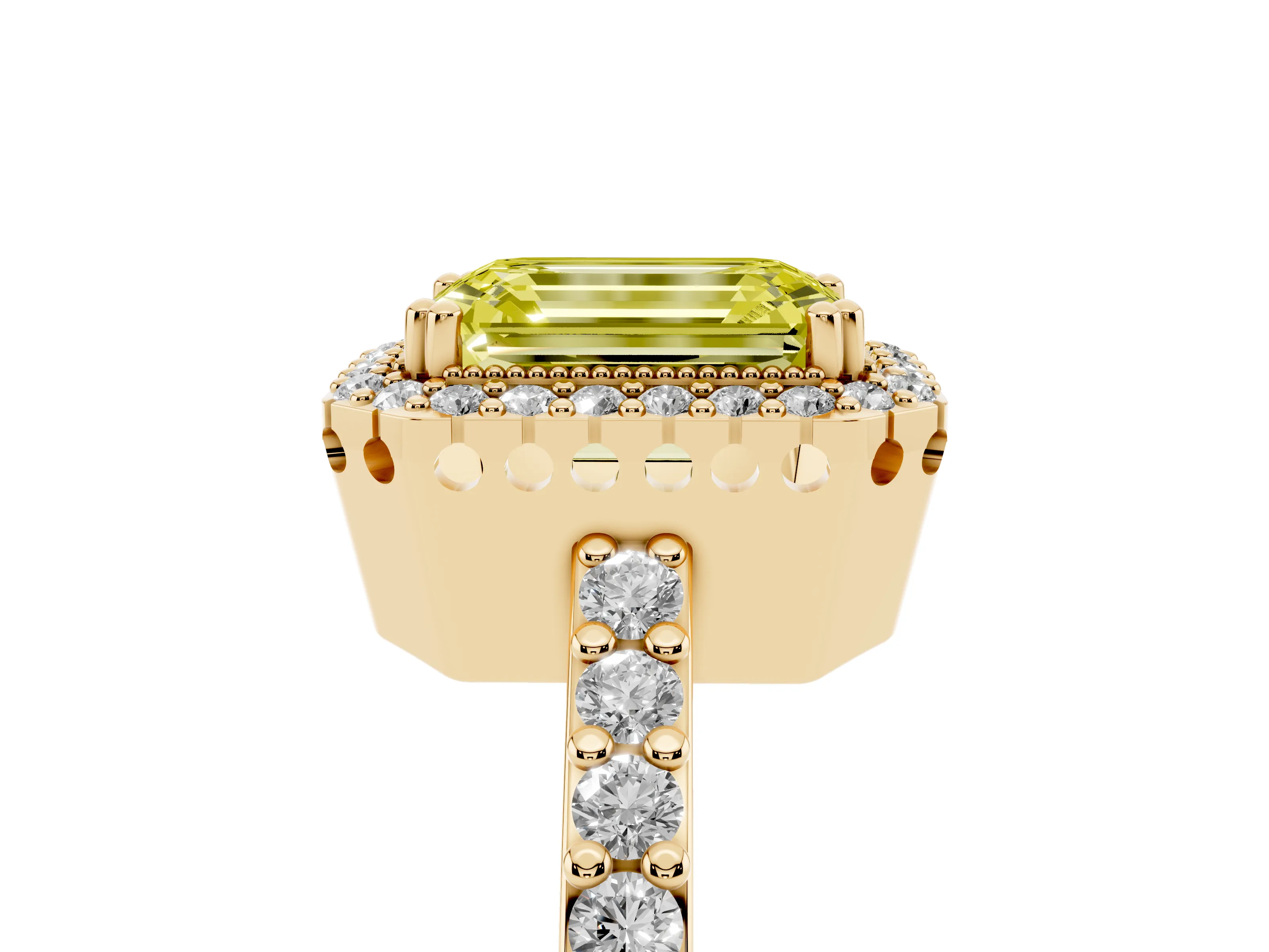 Fancy Yellow Emerald Cut Diamond Halo Engagement Ring Set in Yellow gold with Milgrain Detail and Pavé Band