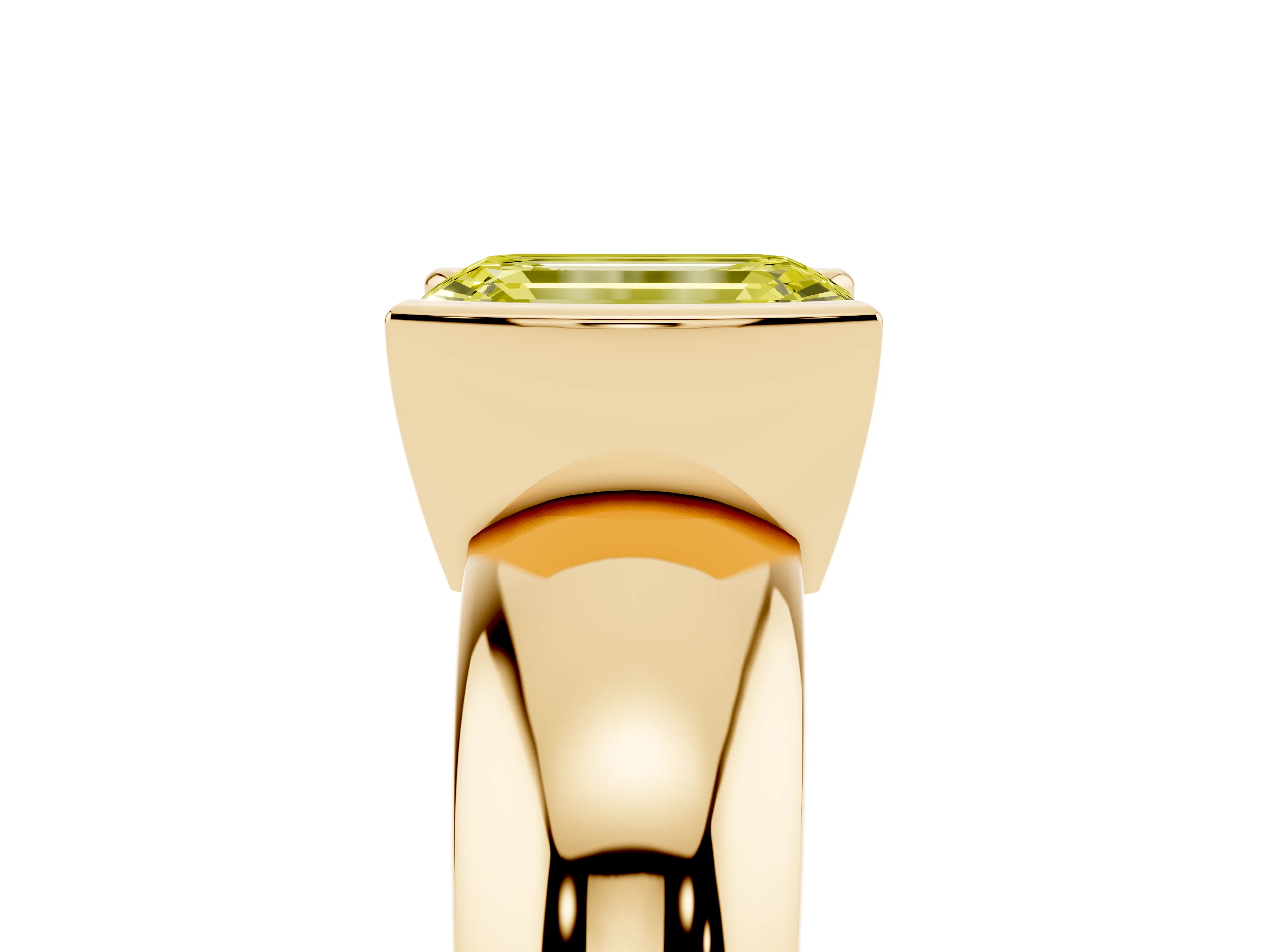 Fancy Yellow Emerald Cut Diamond Solitaire Tension Set Ring Set in Yellow gold with Wide Band