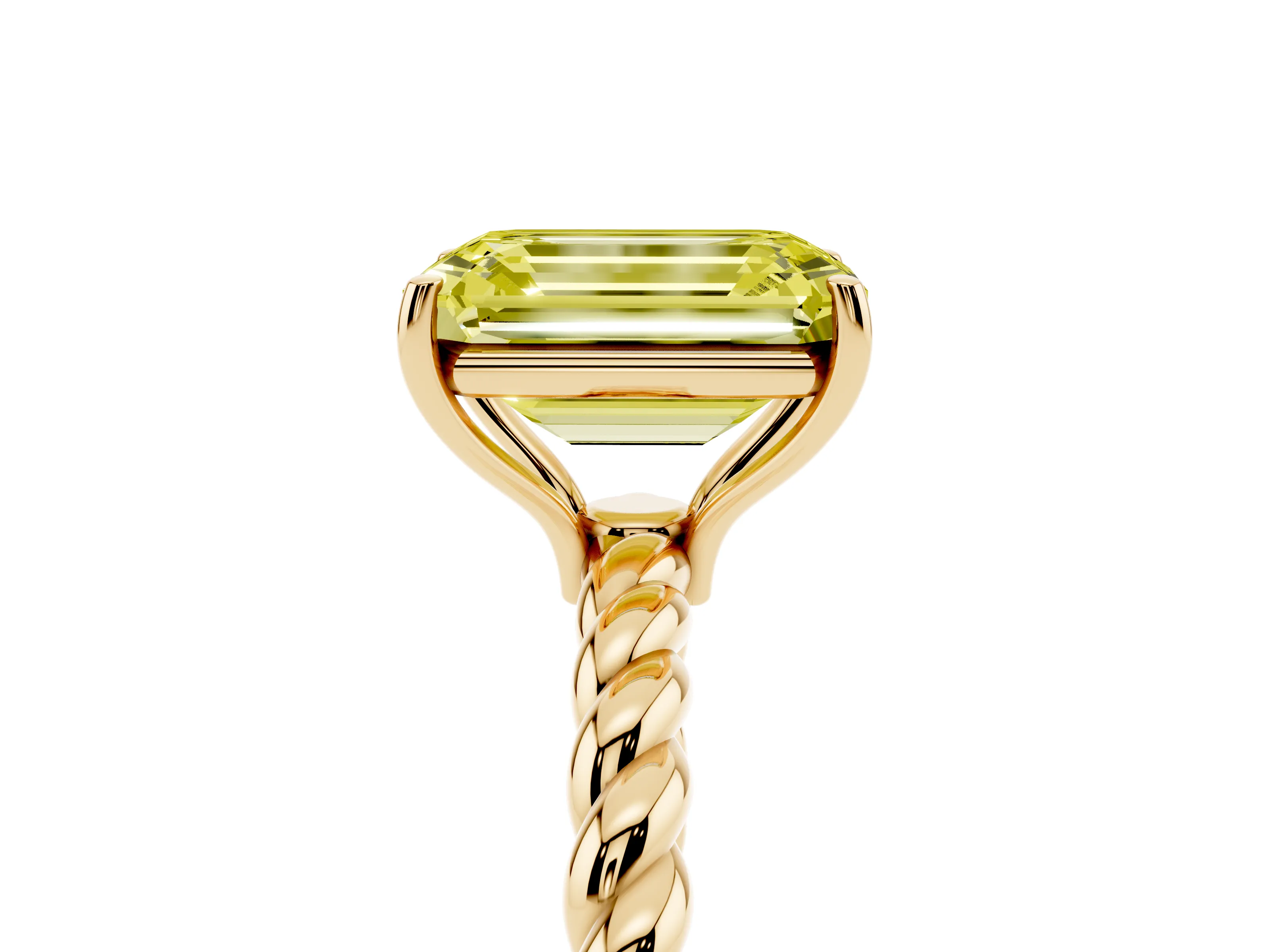 Fancy Yellow Emerald Cut Diamond Solitaire Ring Set in Yellow gold with Twist Band and Prong Setting