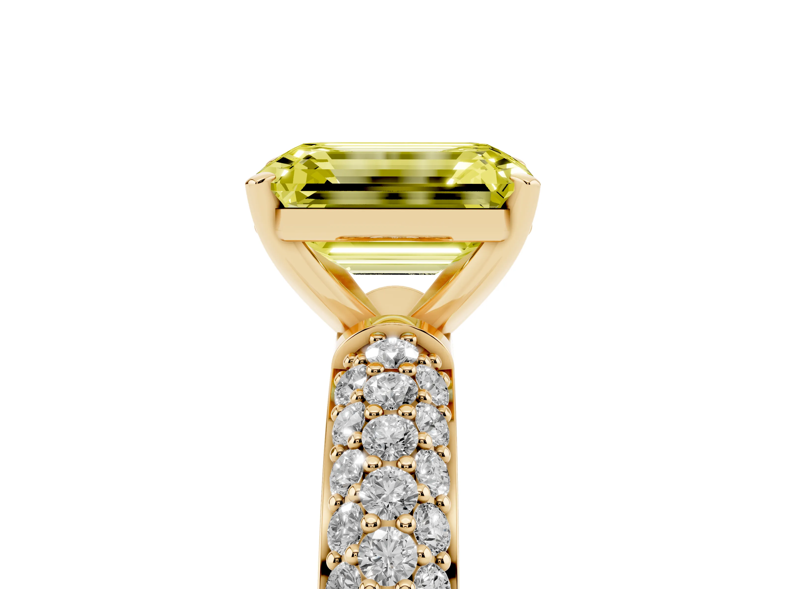 Fancy Yellow Emerald Cut Diamond Solitaire Ring Set in Yellow gold with Prong Setting and Pavé-Set Band