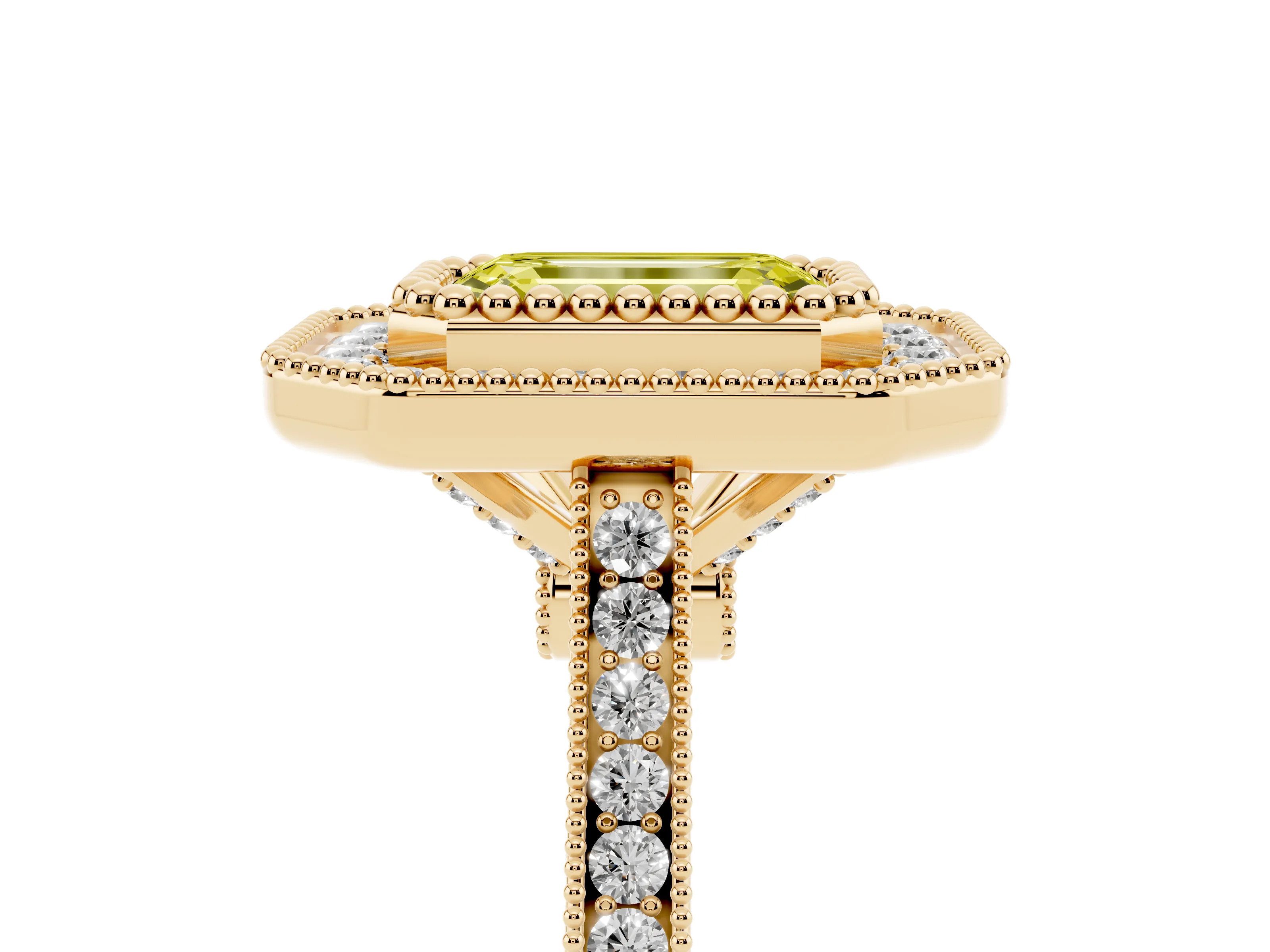 Fancy Yellow Emerald Cut Diamond Halo Ring Set in Yellow gold with Milgrain Frame and Pavé Band