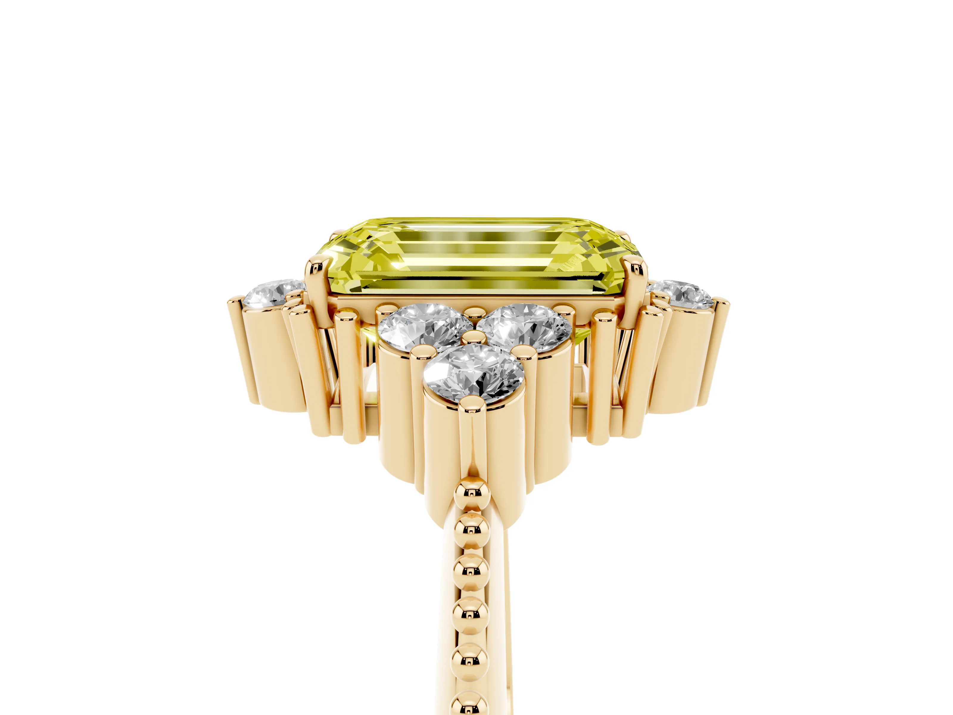 Fancy Yellow Emerald Cut Diamond Cluster Ring Set in Yellow gold with Beaded Band
