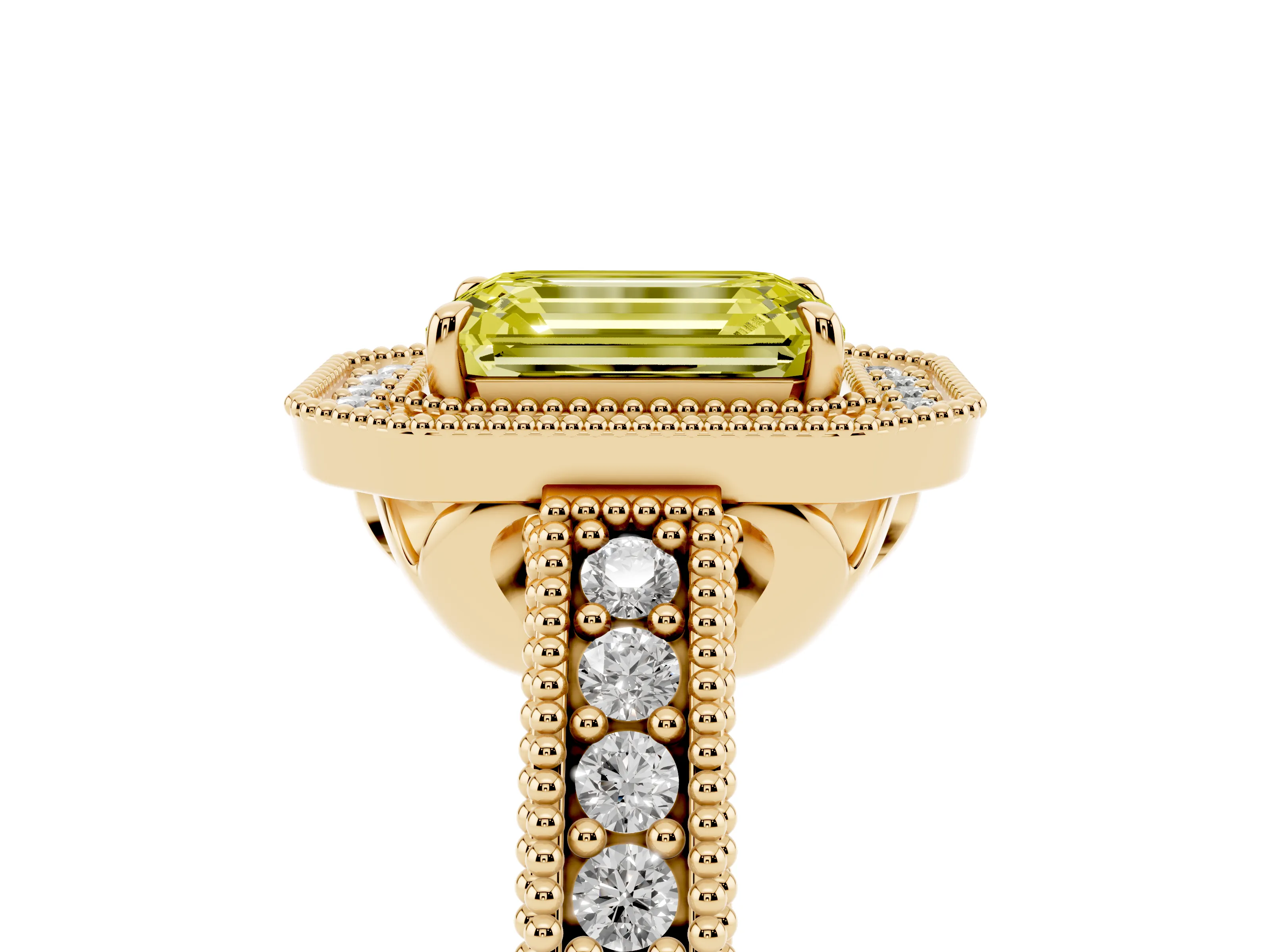 Fancy Yellow Emerald Cut Diamond Halo Ring Set in Yellow gold with Round Accent Halo, Pavé Band and Prong Setting