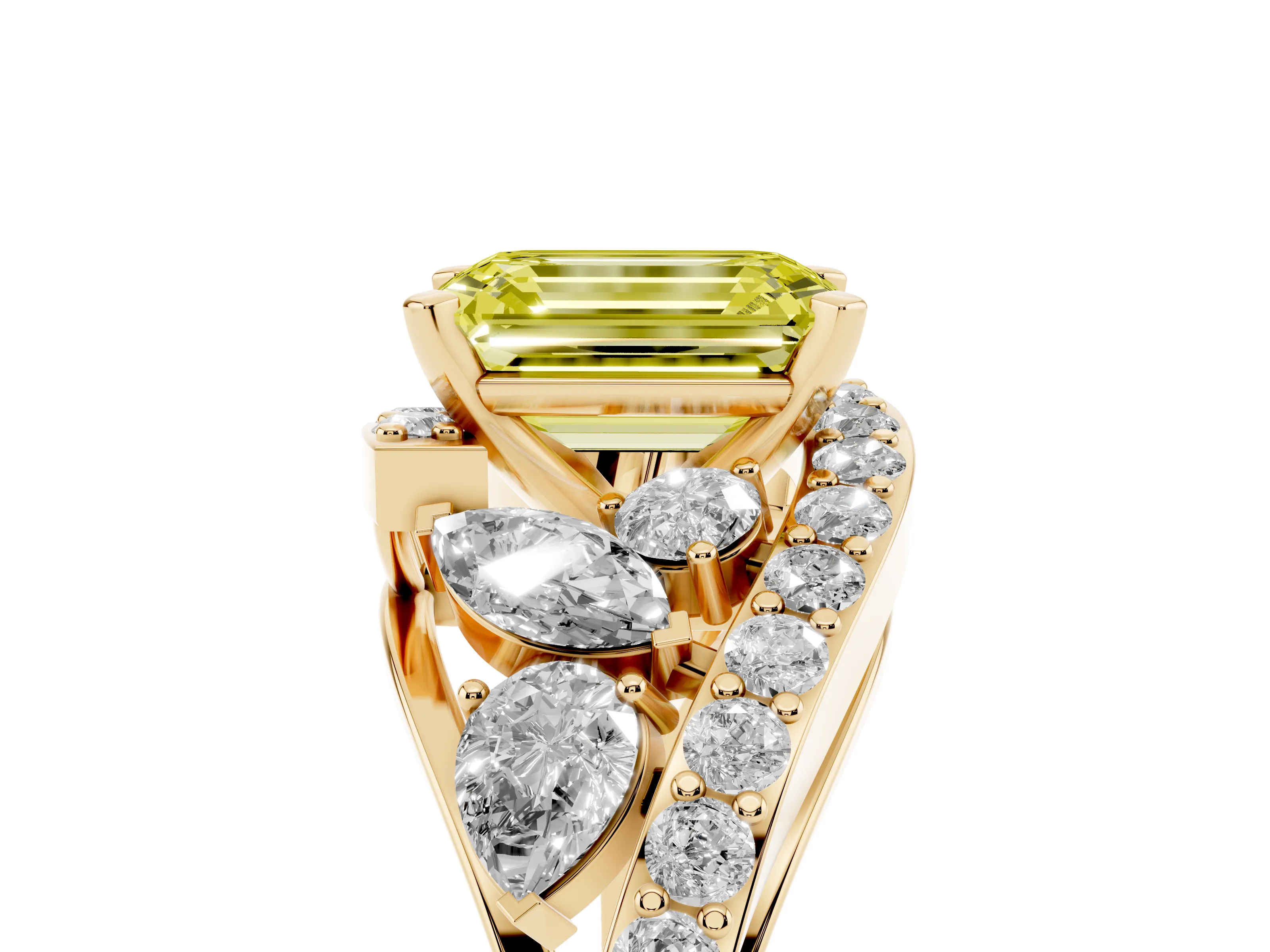 Fancy Yellow Emerald Cut Diamond Halo Ring Set in Yellow gold with Marquise and Pavé Band in Prong Setting