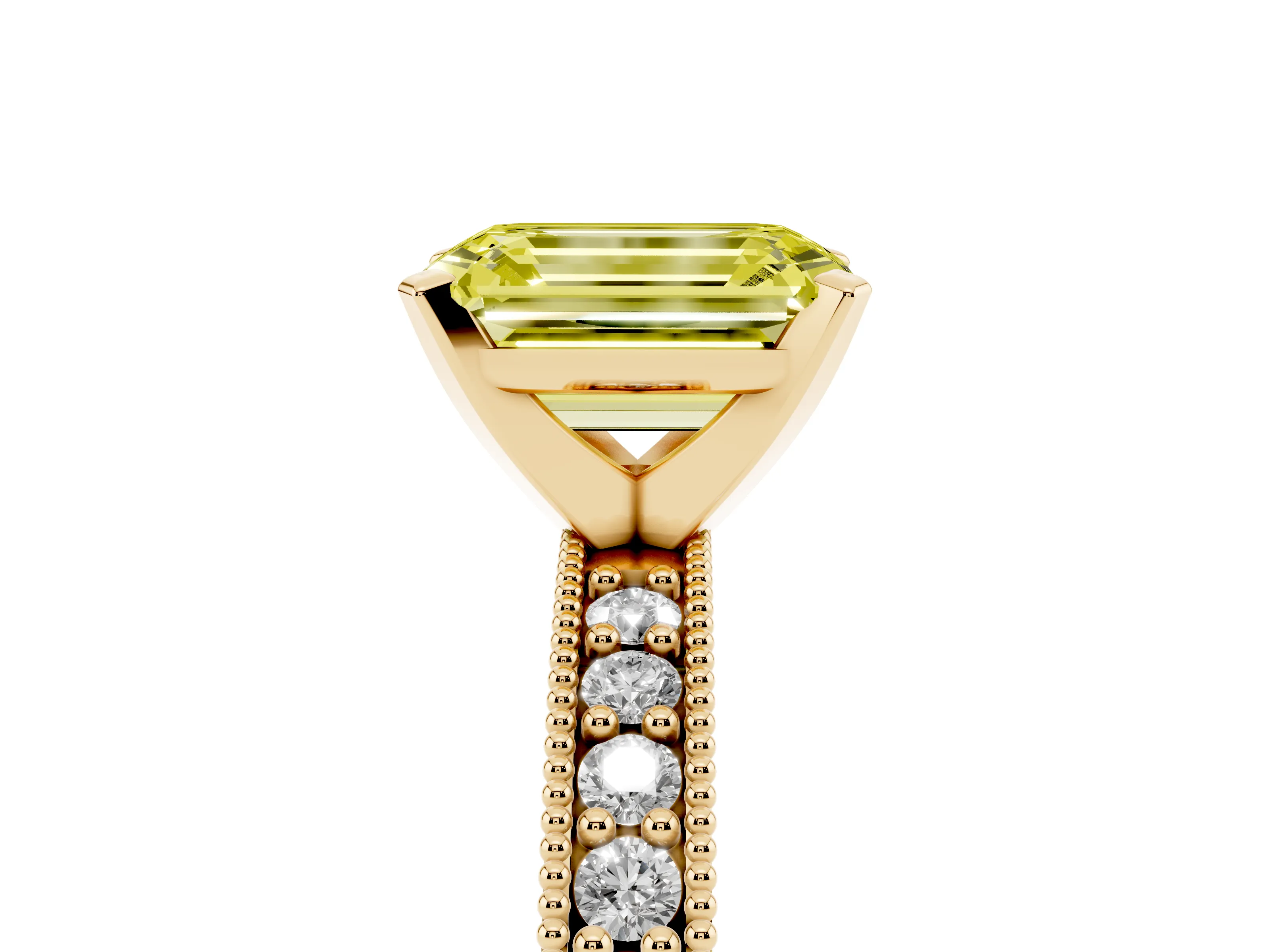 Fancy Yellow Emerald Cut Diamond Milgrain Pavé Engagement Ring Set in Yellow gold with Prong Setting