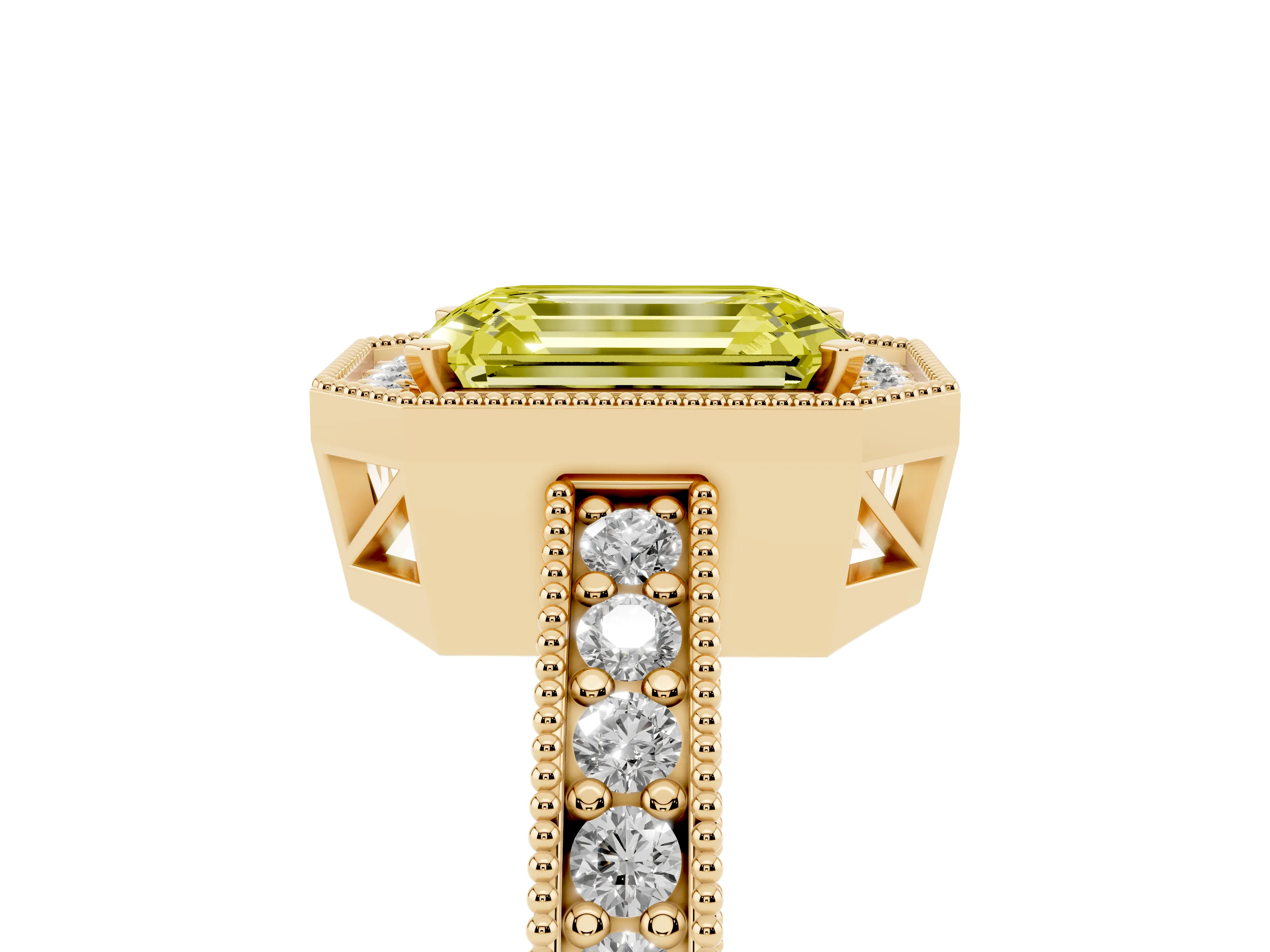 Fancy Yellow Emerald Cut Diamond Halo Pavé Band Ring Set in Yellow gold with Prong-Set Center