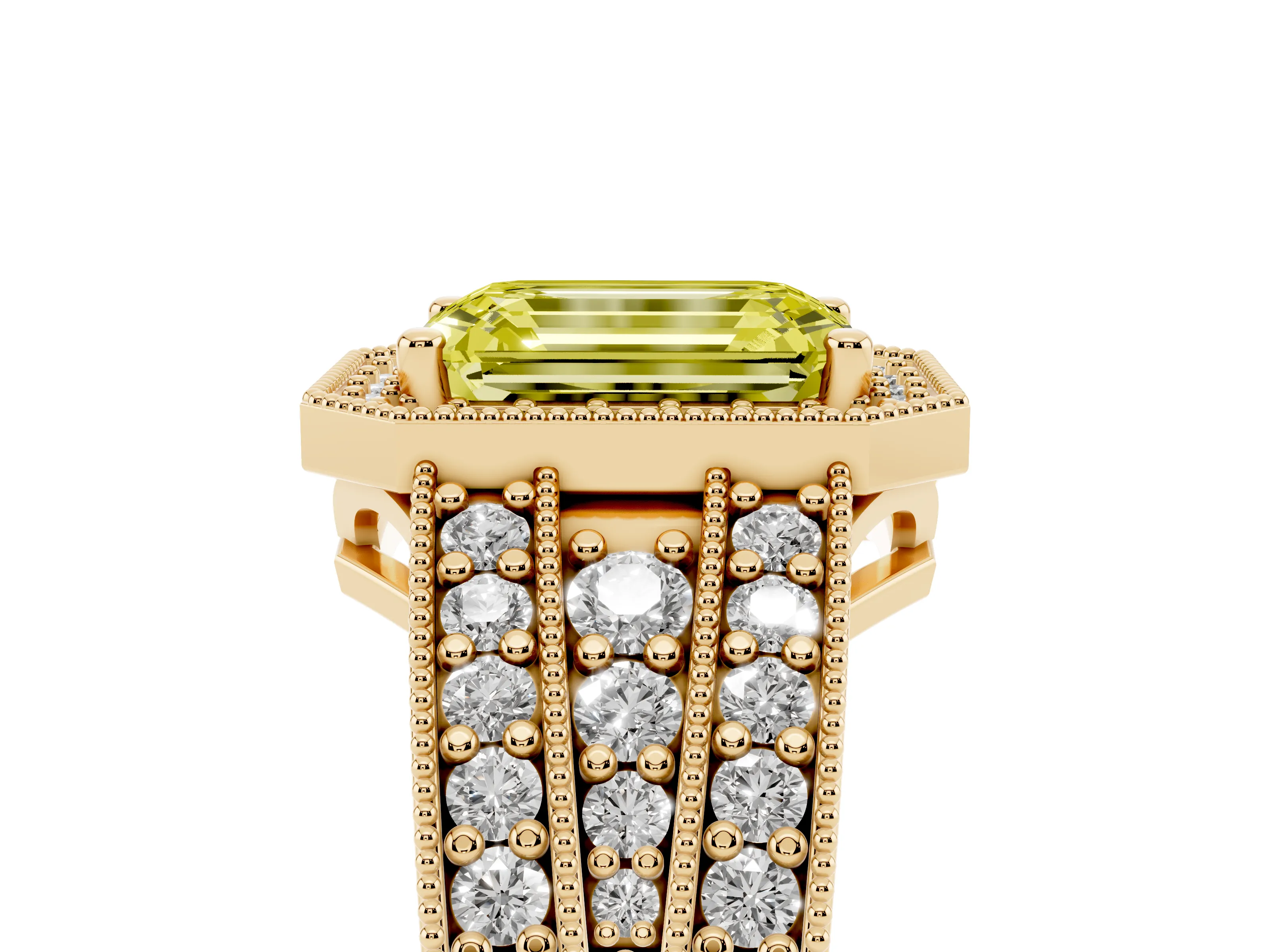Fancy Yellow Emerald Cut Diamond Halo Ring Set in Yellow gold with Accent Split Shank and Prong Setting
